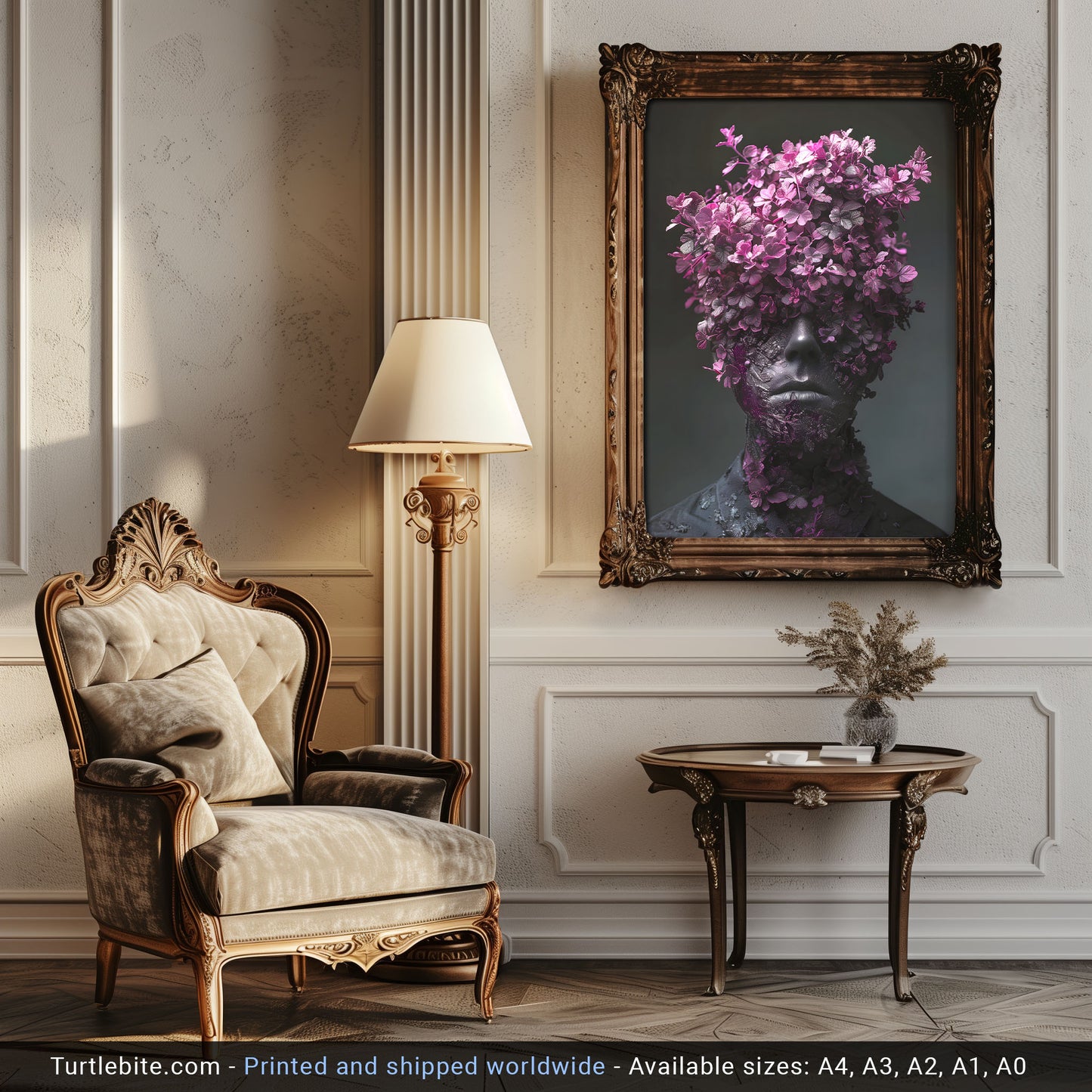 Gothic Elegance: Vibrant Portrait Wall Art with Head Full of Flowers