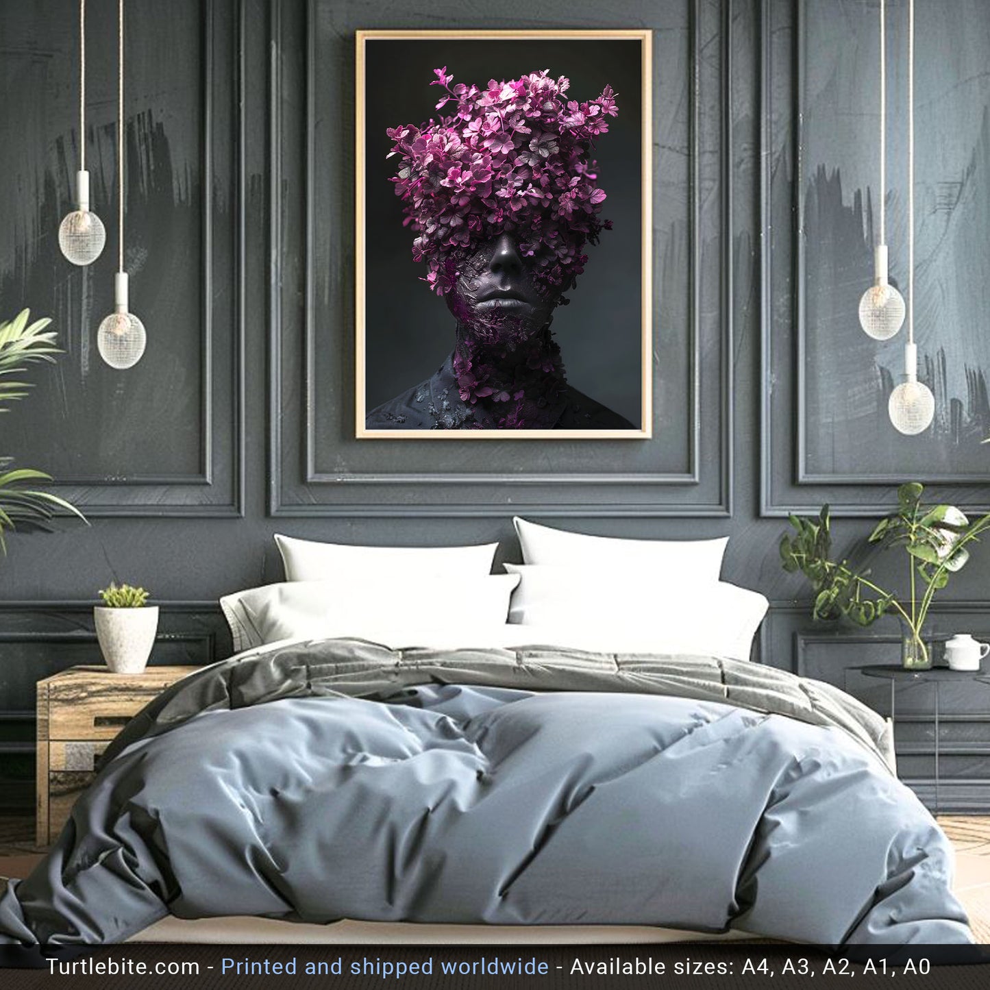 Gothic Elegance: Vibrant Portrait Wall Art with Head Full of Flowers