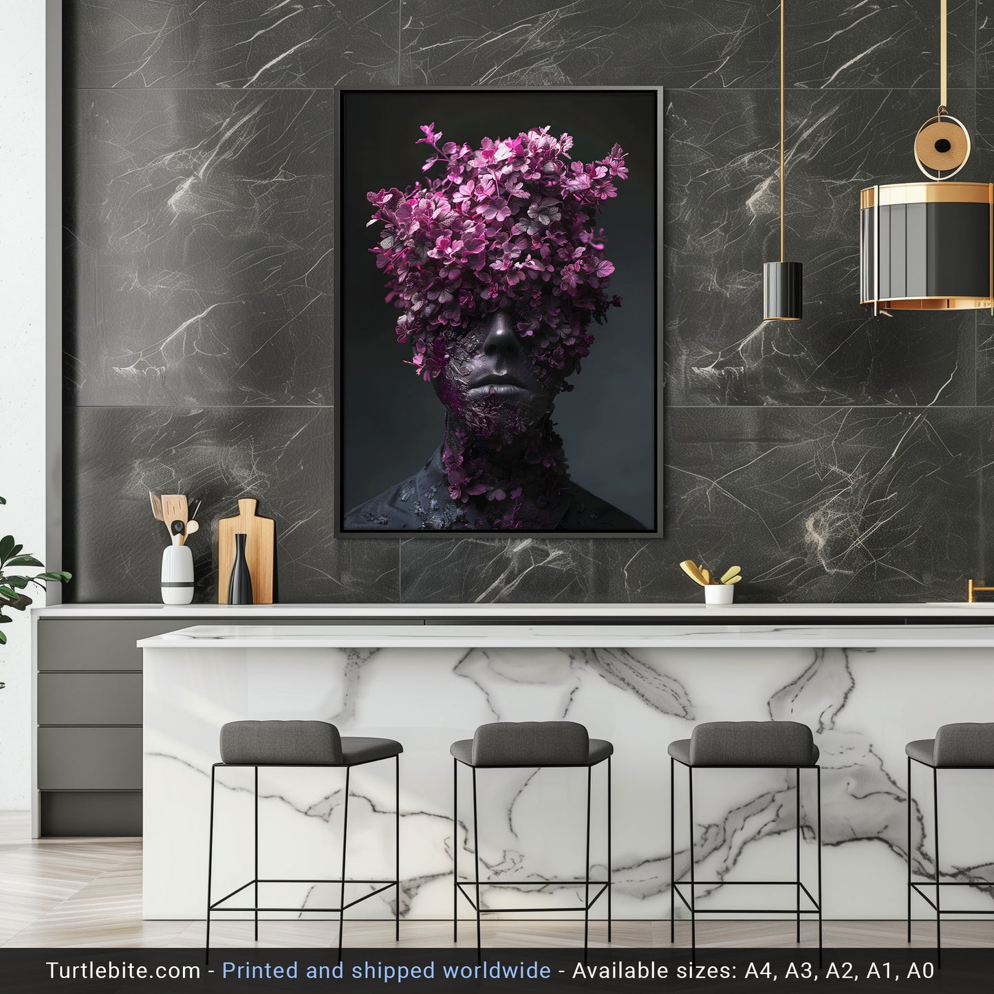 Gothic Elegance: Vibrant Portrait Wall Art with Head Full of Flowers