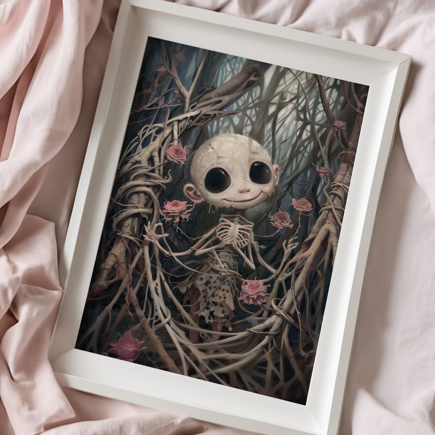Creepy Cute Horror Doll Surrounded by Pink Roses Poster