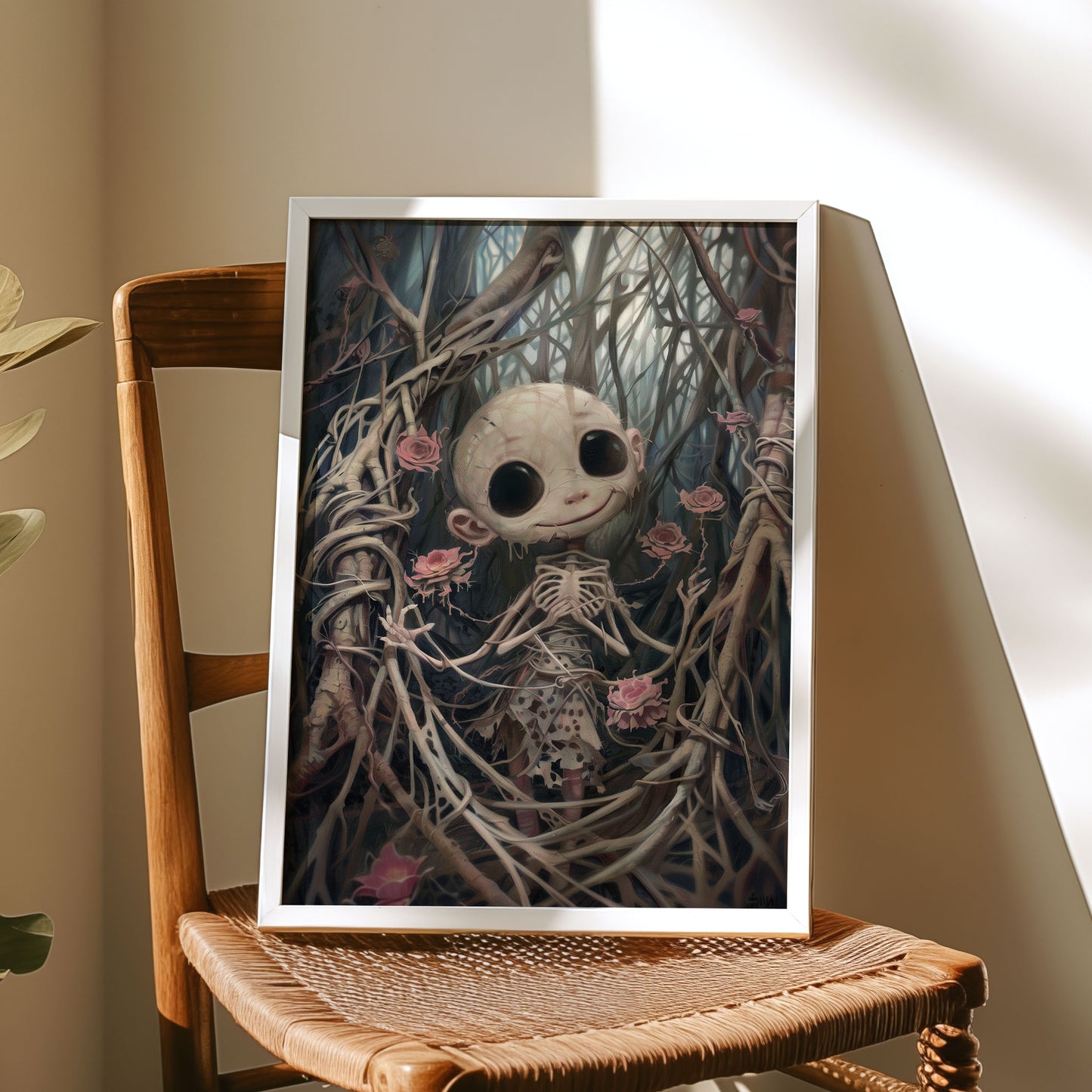 Creepy Cute Horror Doll Surrounded by Pink Roses Poster