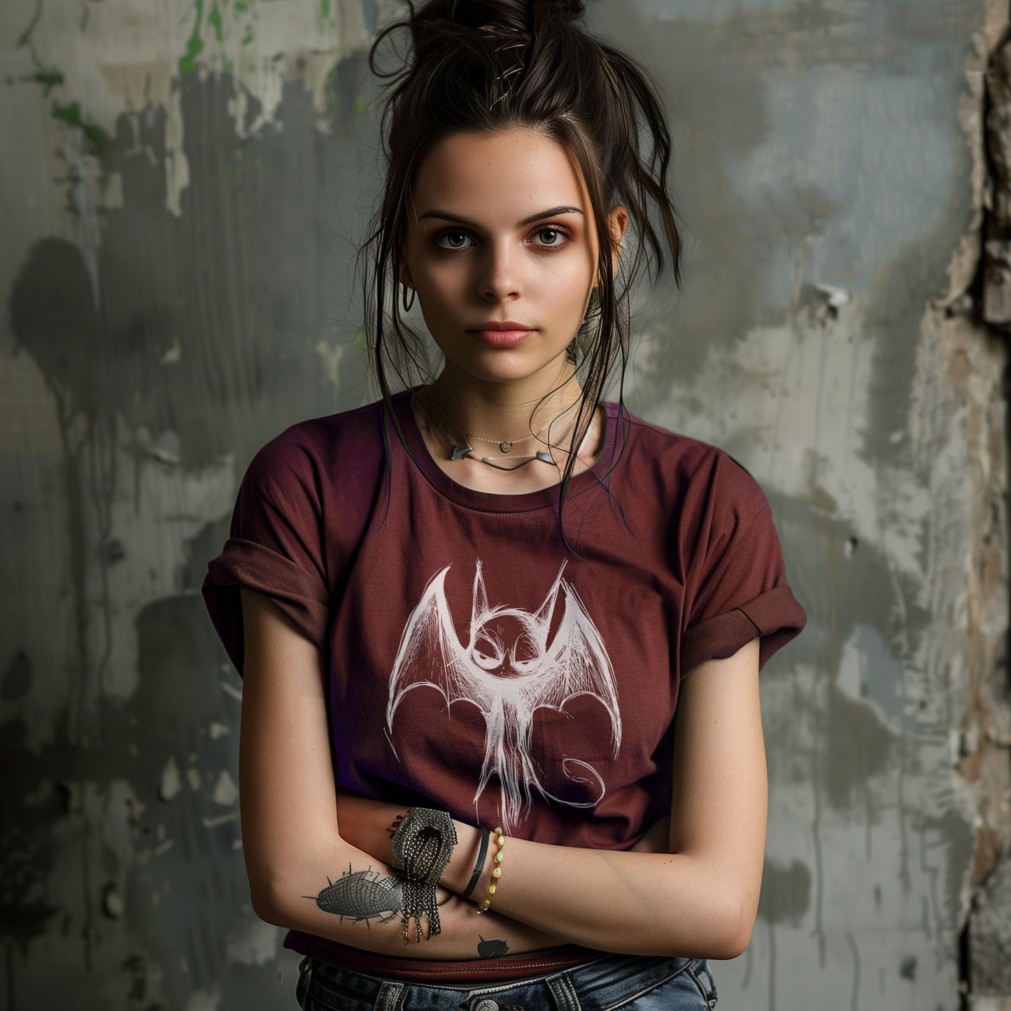 Gothic Shirt with Scribble Bat Design: Edgy Graphic Tee