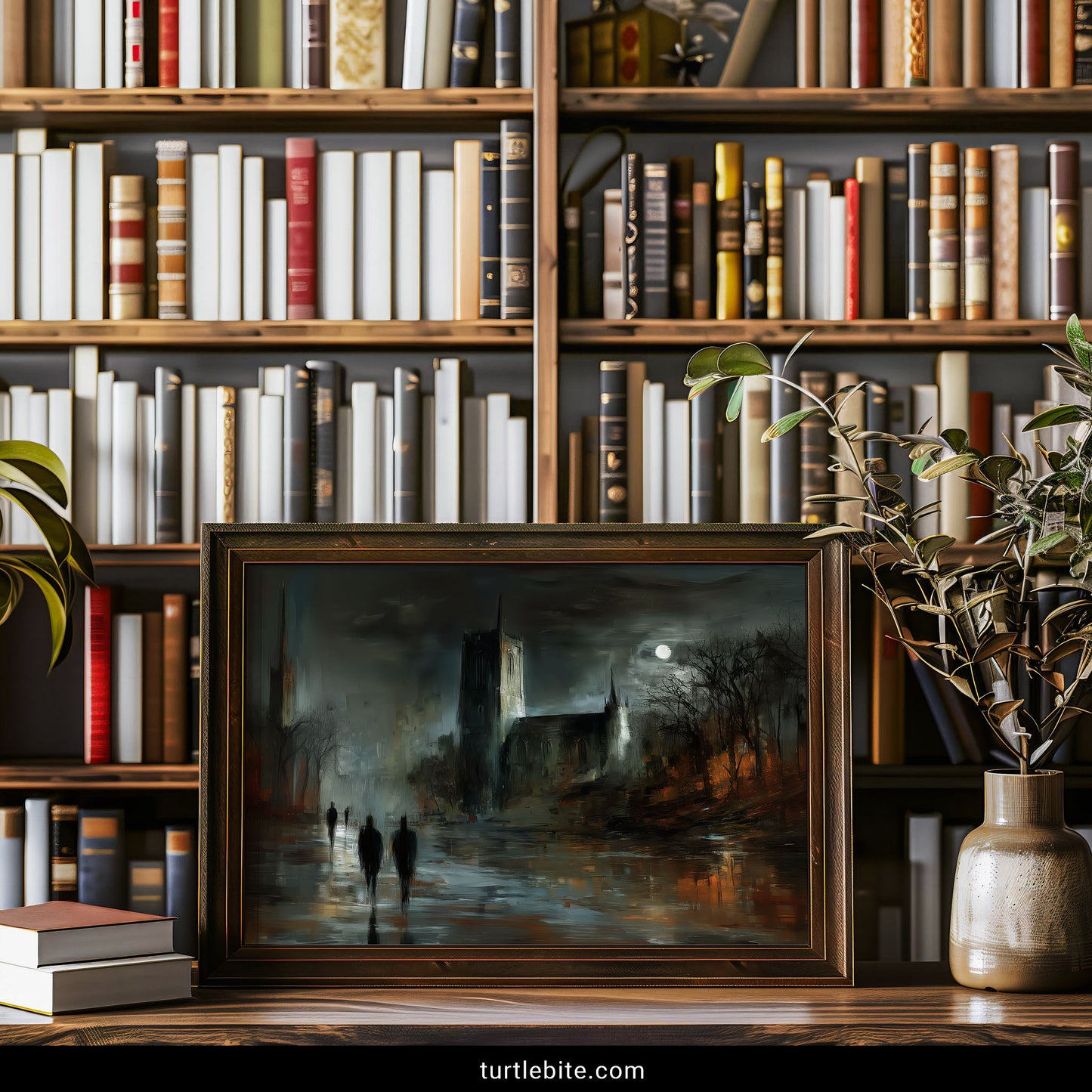 Atmospheric dark art print of gothic church in stormy moonlit night with teal and rust tones