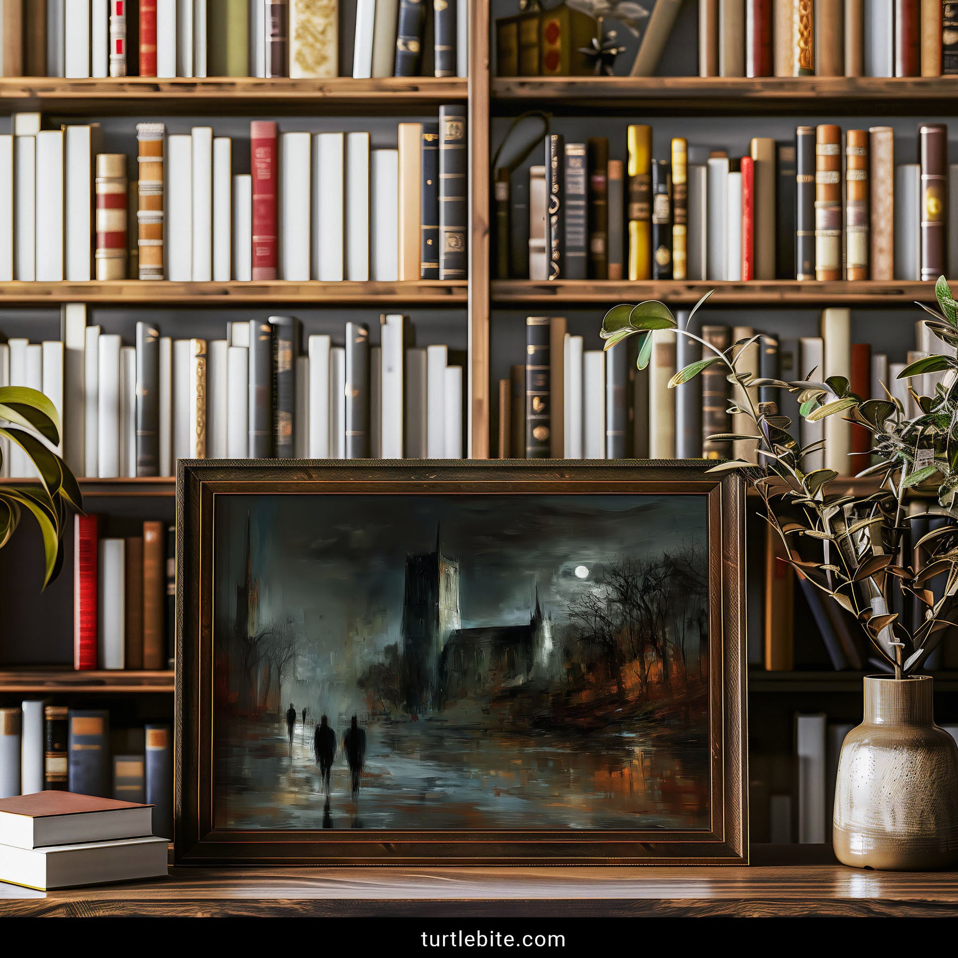 Atmospheric dark art print of gothic church in stormy moonlit night with teal and rust tones