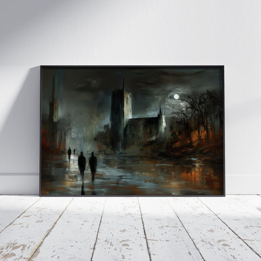 Gothic cathedral painting with full moon and silhouetted figures in moody atmospheric street scene