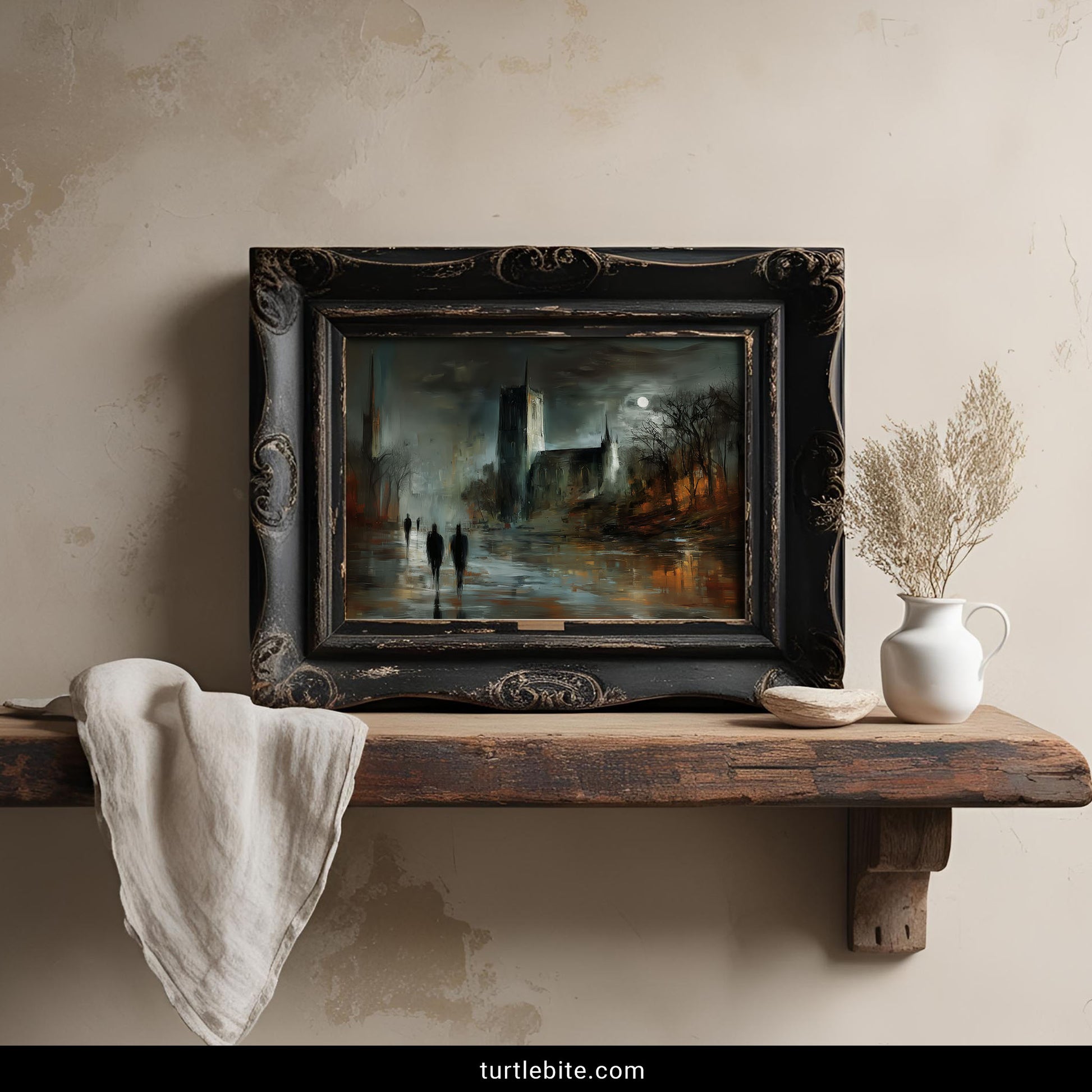 Moody gothic wall art featuring cathedral spire and bare trees in fog with walking figures