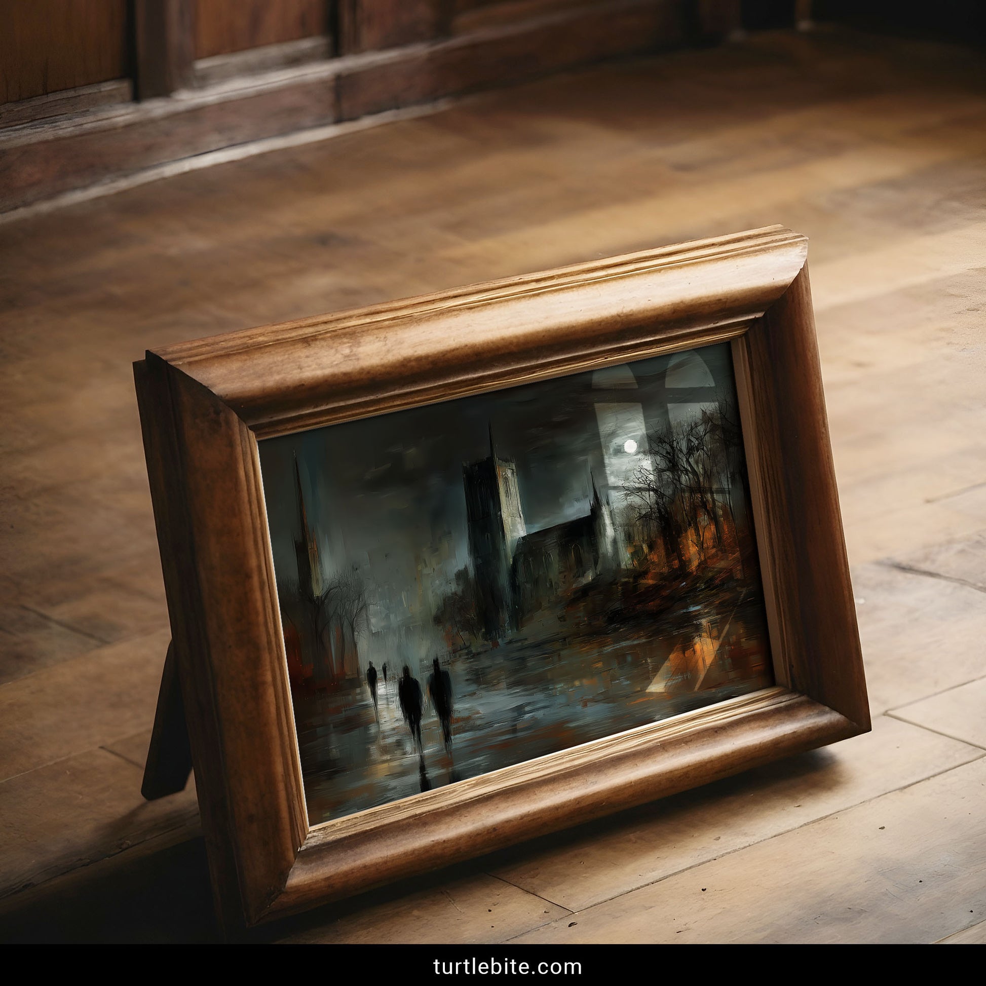 Victorian gothic poster depicting cathedral architecture in mysterious foggy cityscape under moon