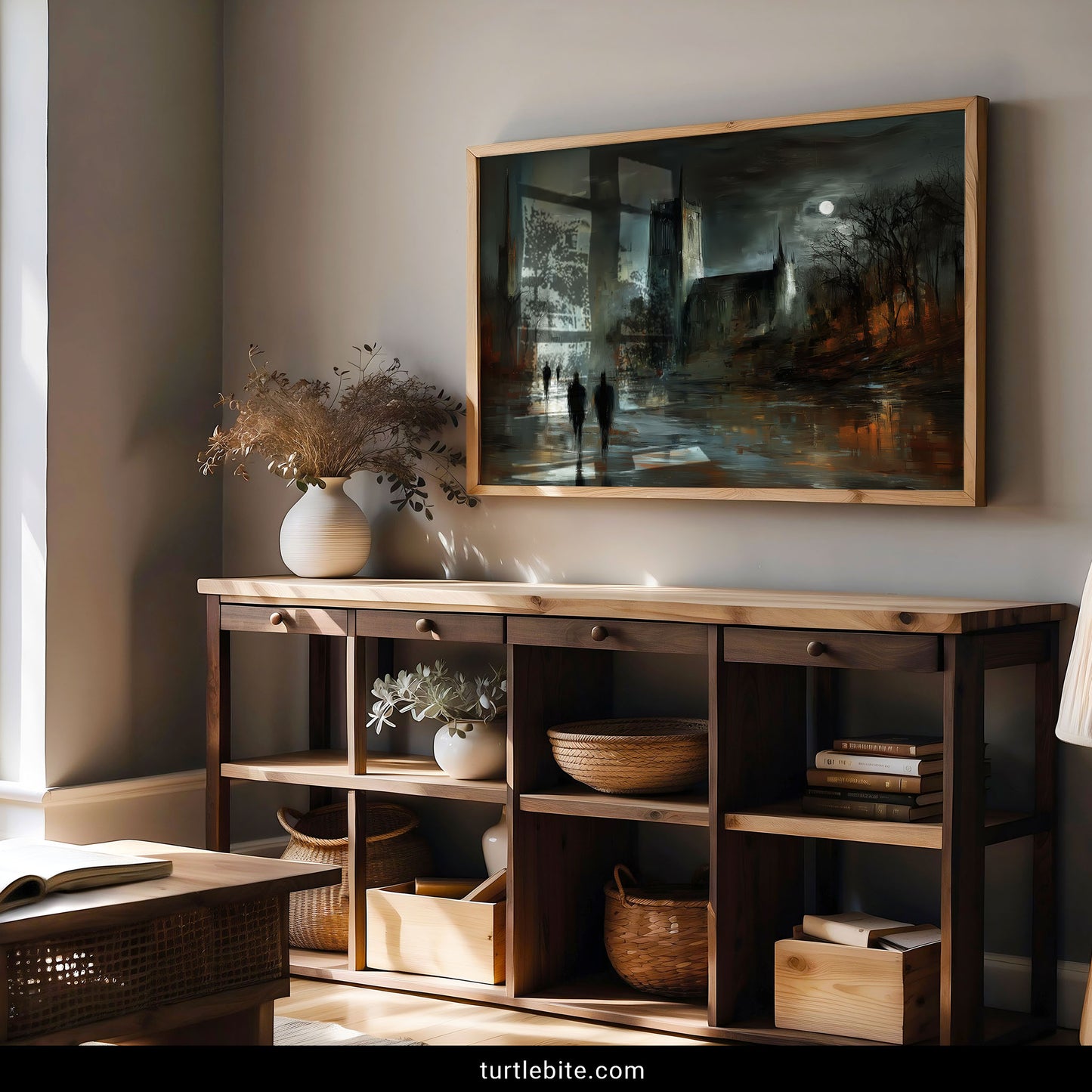 Victorian gothic poster depicting cathedral architecture in mysterious foggy cityscape under moon