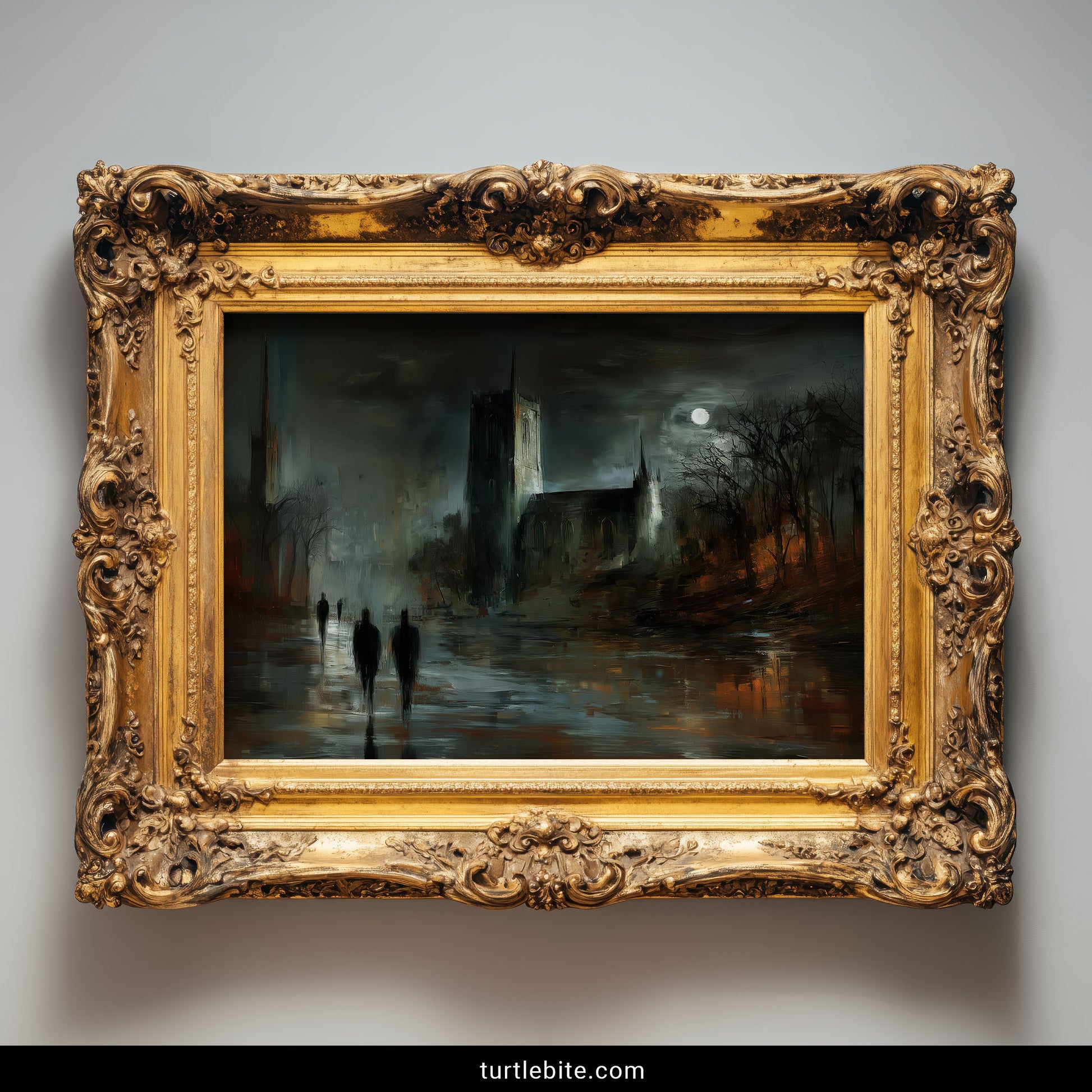 Dark Victorian architecture art print showing misty cathedral under moonlight with amber windows