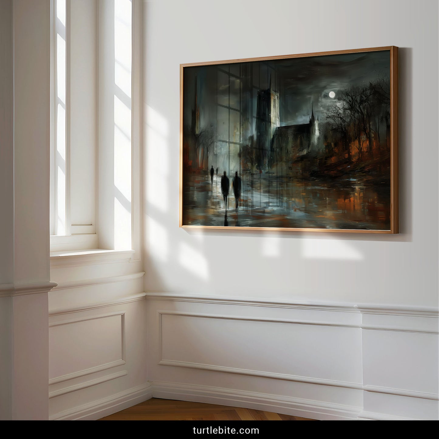 Dark Victorian architecture art print showing misty cathedral under moonlight with amber windows