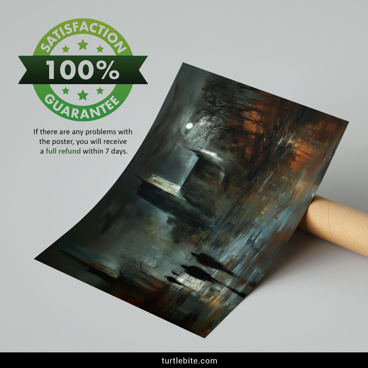 Moody gothic wall art featuring cathedral spire and bare trees in fog with walking figures