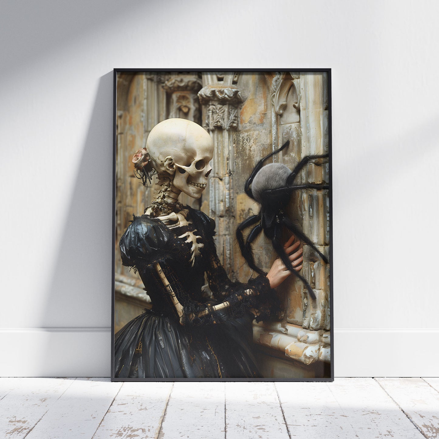 Skeletal Beauty Meets Adorable Spider - Gothic Wall Art
