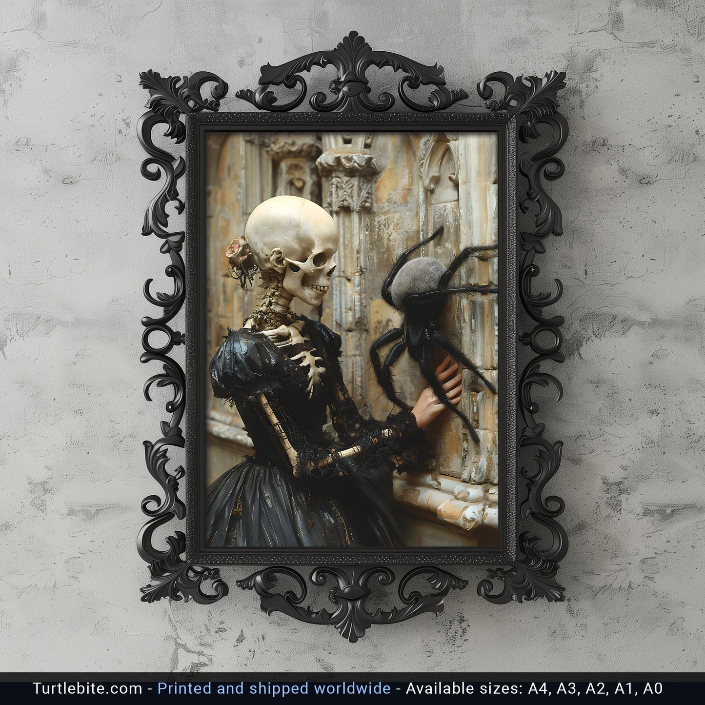 Skeletal Beauty Meets Adorable Spider - Gothic Wall Art