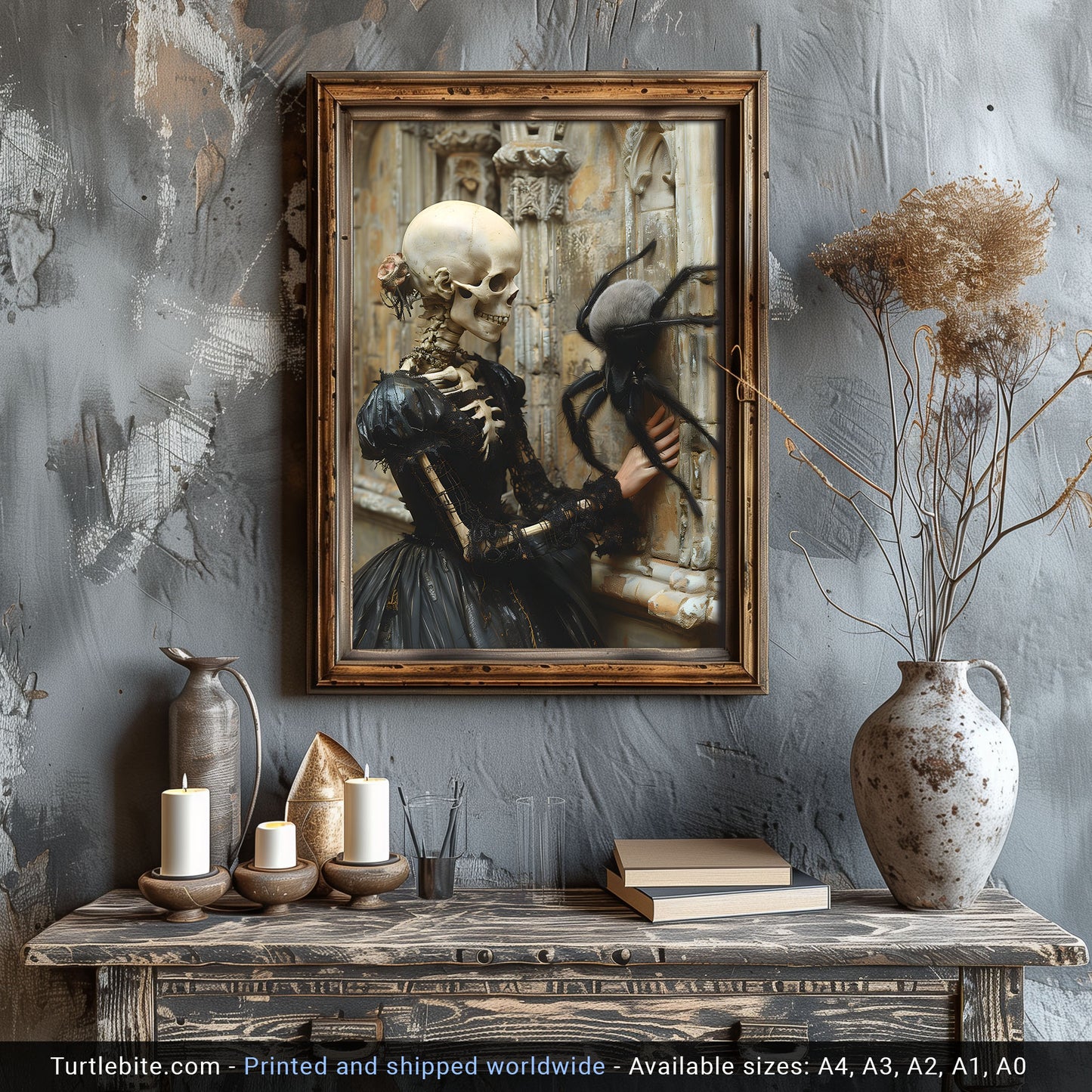 Skeletal Beauty Meets Adorable Spider - Gothic Wall Art