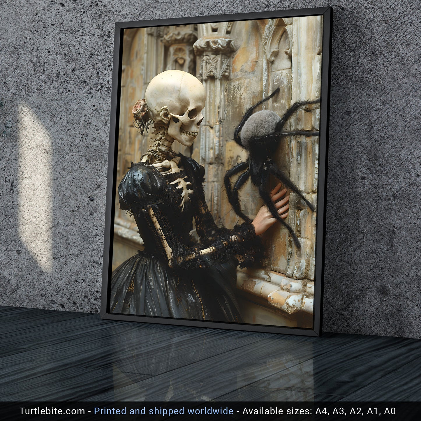 Skeletal Beauty Meets Adorable Spider - Gothic Wall Art