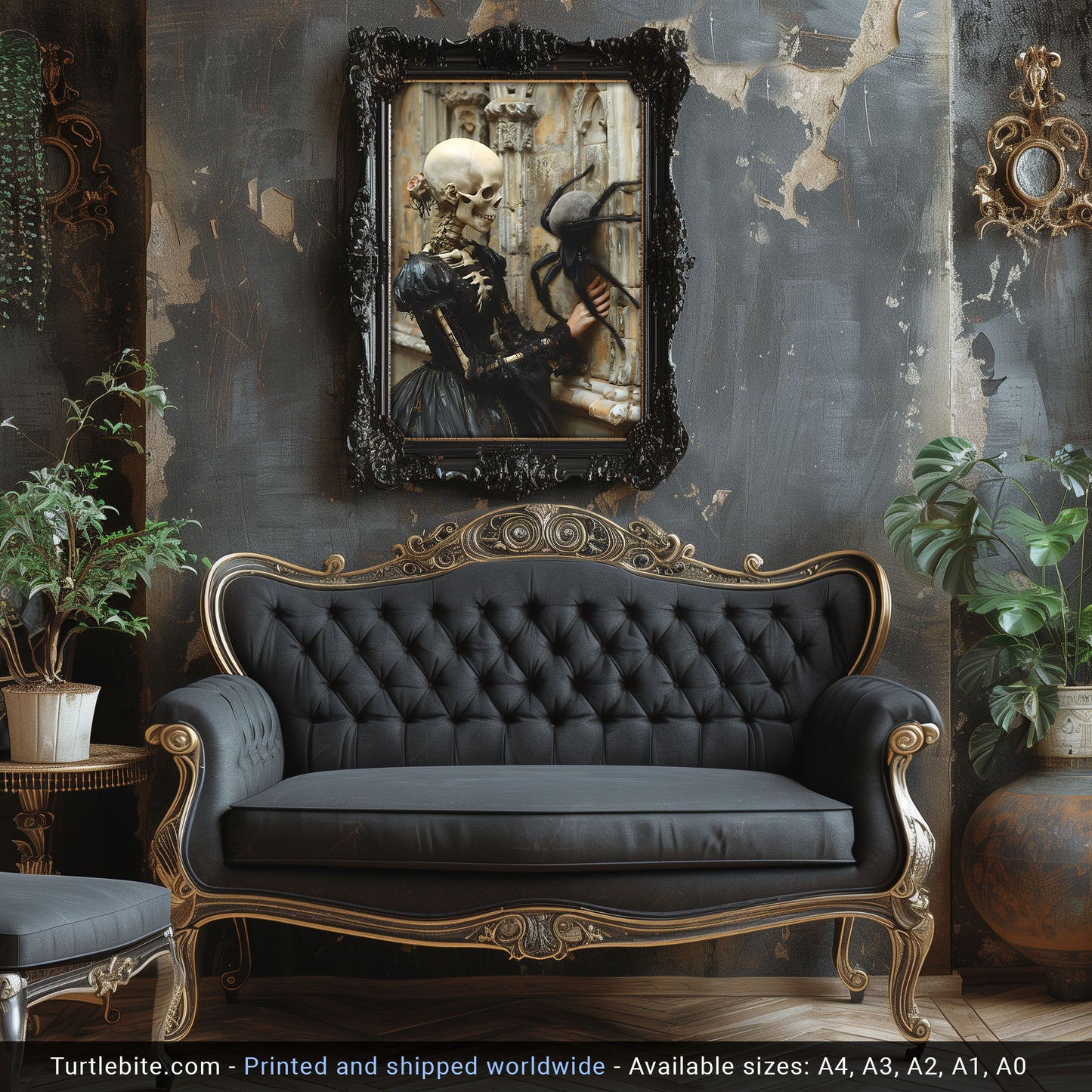 Skeletal Beauty Meets Adorable Spider - Gothic Wall Art