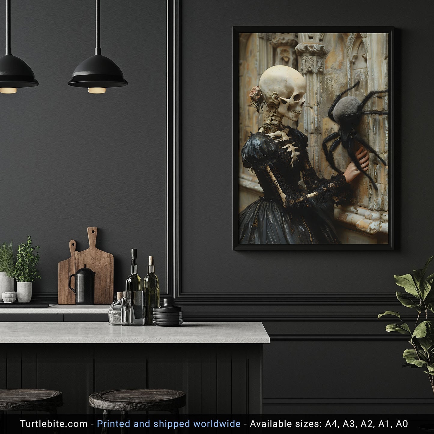 Skeletal Beauty Meets Adorable Spider - Gothic Wall Art