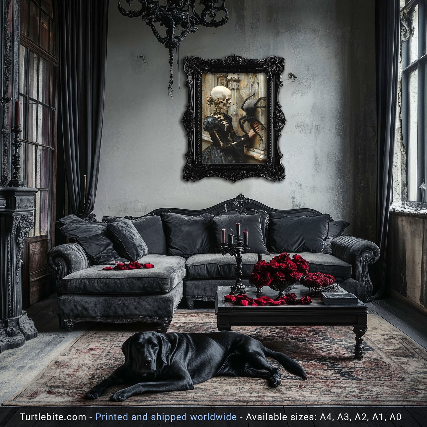 Skeletal Beauty Meets Adorable Spider - Gothic Wall Art