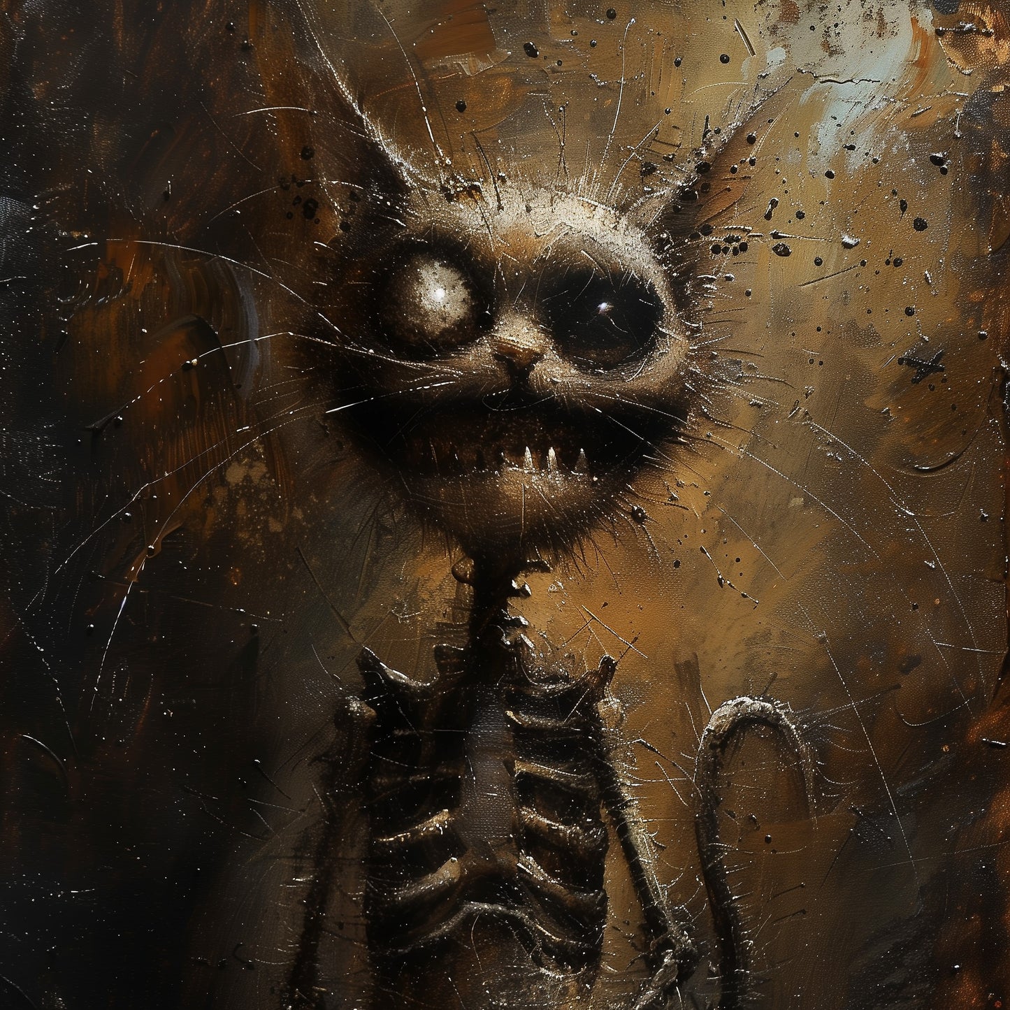 Gritty Skeletal Weirdcore Cat Oil Painting - Dark Gothic Wall Art Print for Creepy Decor