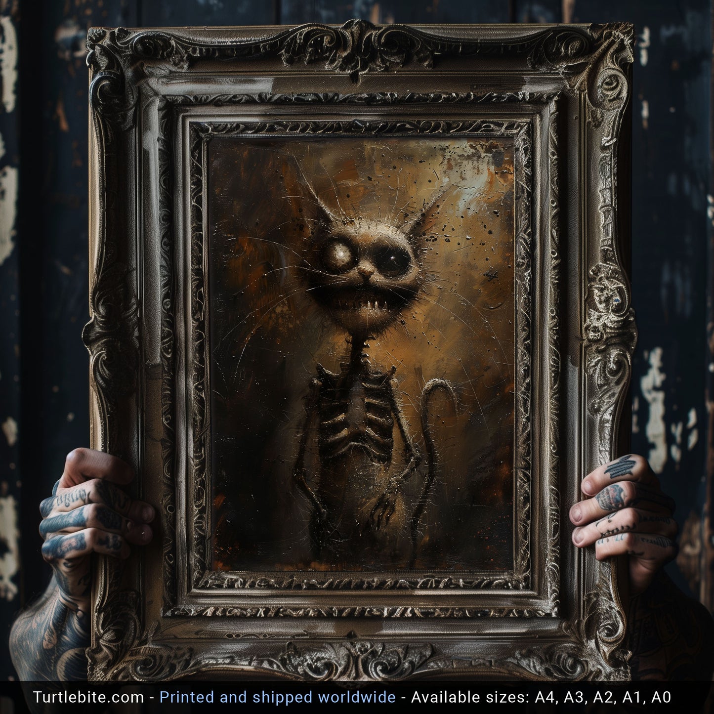 Gritty Skeletal Weirdcore Cat Oil Painting - Dark Gothic Wall Art Print for Creepy Decor