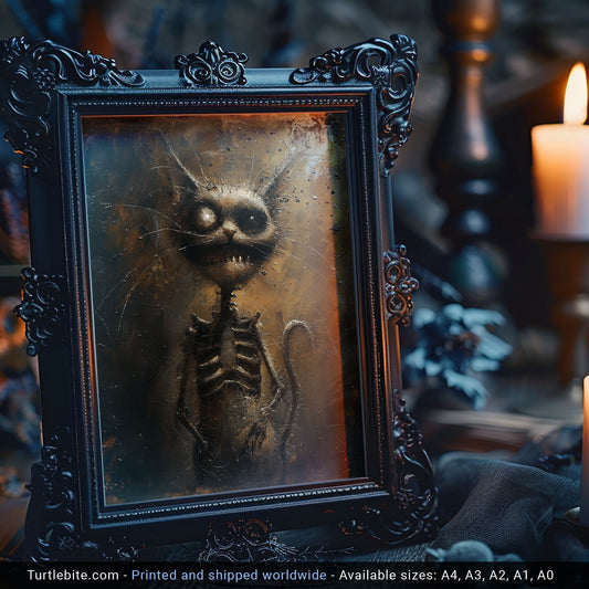 Gritty Skeletal Weirdcore Cat Oil Painting - Dark Gothic Wall Art Print for Creepy Decor