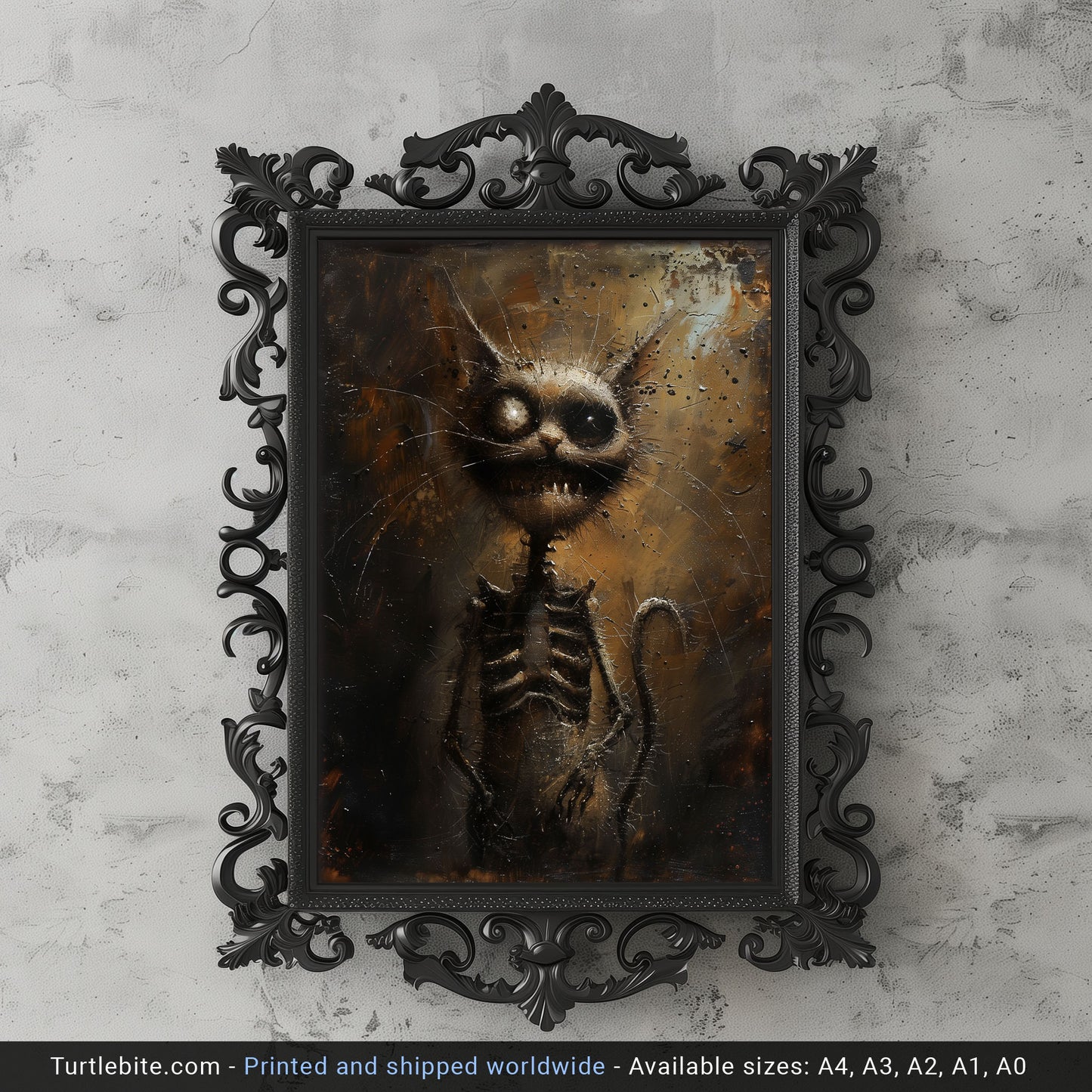 Gritty Skeletal Weirdcore Cat Oil Painting - Dark Gothic Wall Art Print for Creepy Decor