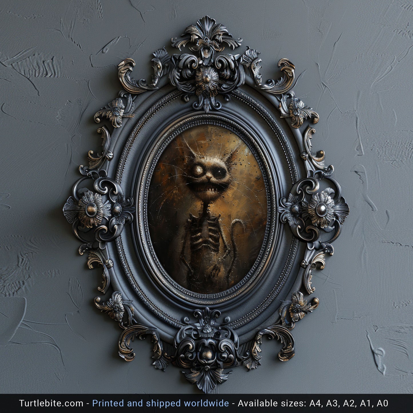 Gritty Skeletal Weirdcore Cat Oil Painting - Dark Gothic Wall Art Print for Creepy Decor