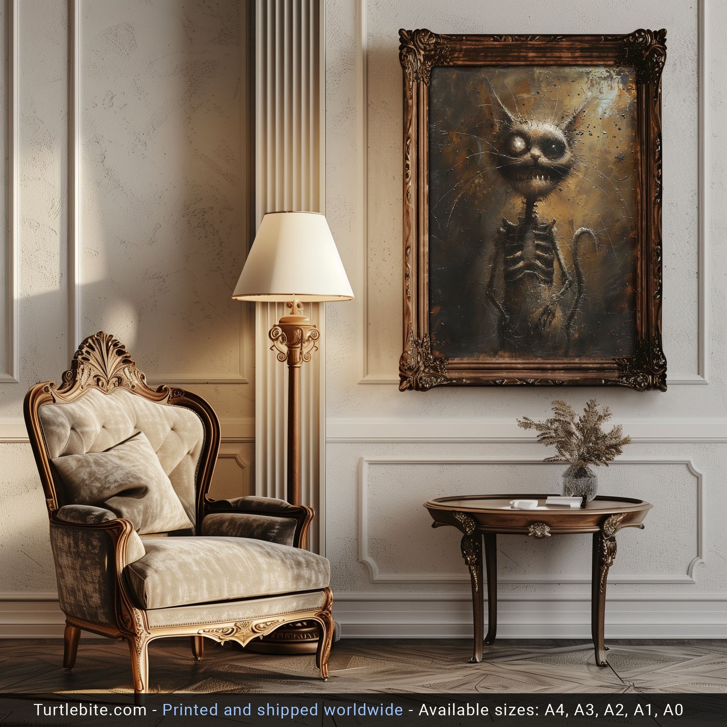 Gritty Skeletal Weirdcore Cat Oil Painting - Dark Gothic Wall Art Print for Creepy Decor