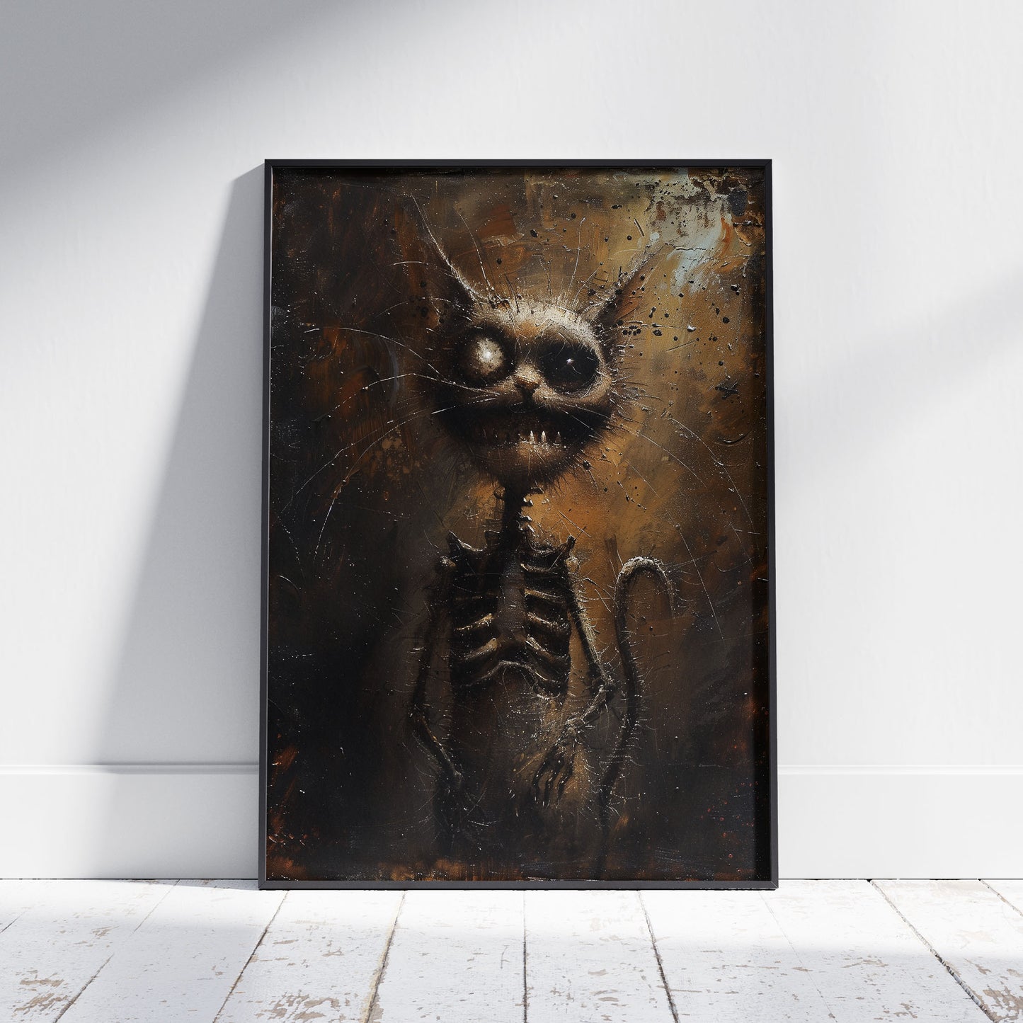 Gritty Skeletal Weirdcore Cat Oil Painting - Dark Gothic Wall Art Print for Creepy Decor