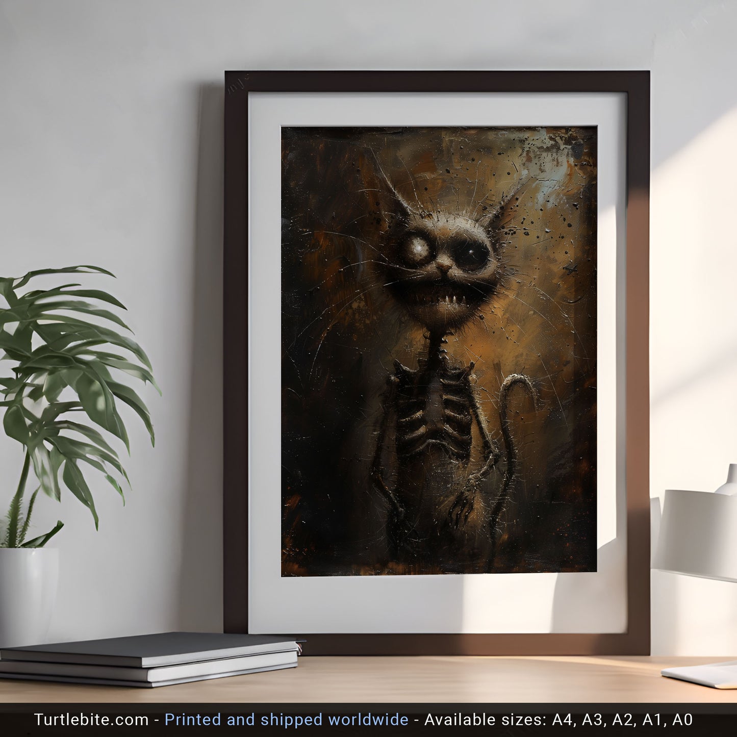 Gritty Skeletal Weirdcore Cat Oil Painting - Dark Gothic Wall Art Print for Creepy Decor