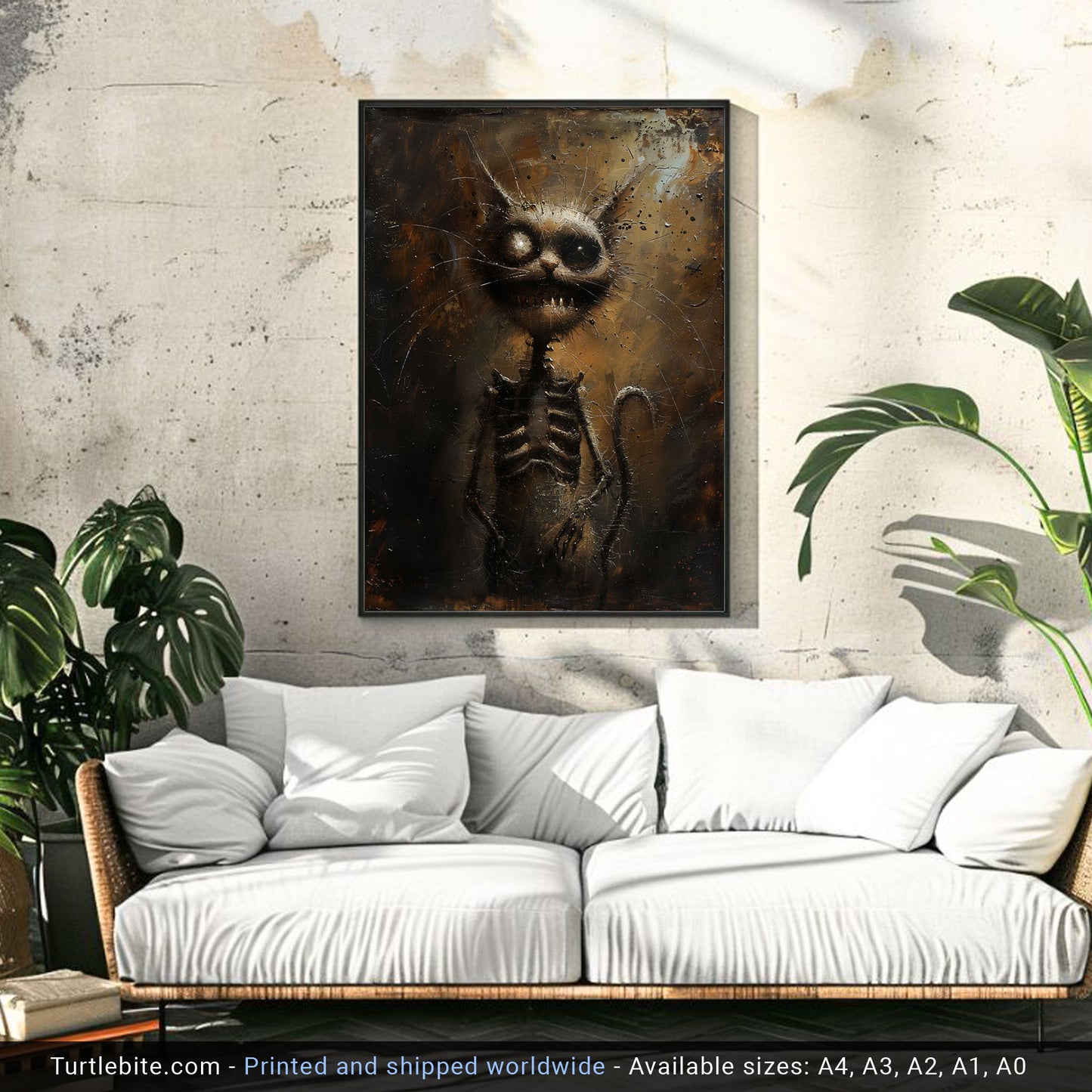 Gritty Skeletal Weirdcore Cat Oil Painting - Dark Gothic Wall Art Print for Creepy Decor