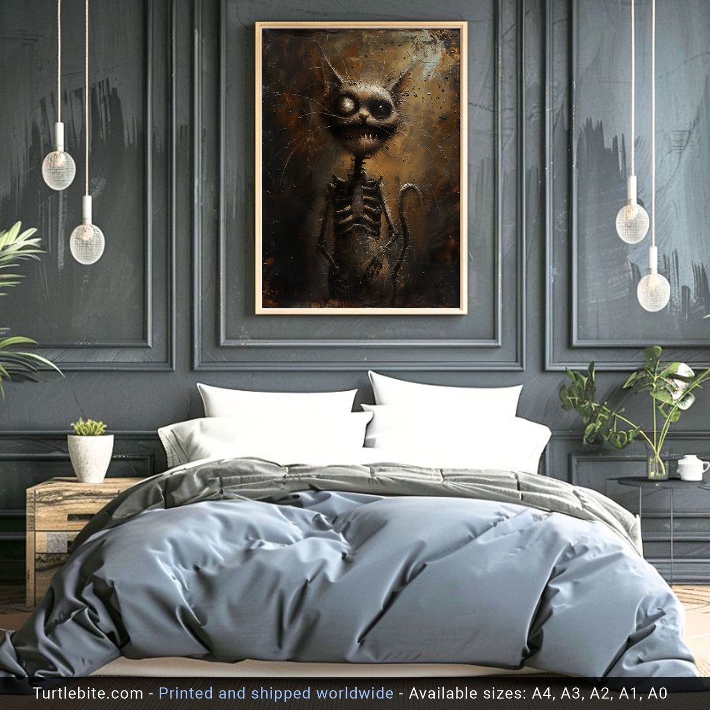 Gritty Skeletal Weirdcore Cat Oil Painting - Dark Gothic Wall Art Print for Creepy Decor