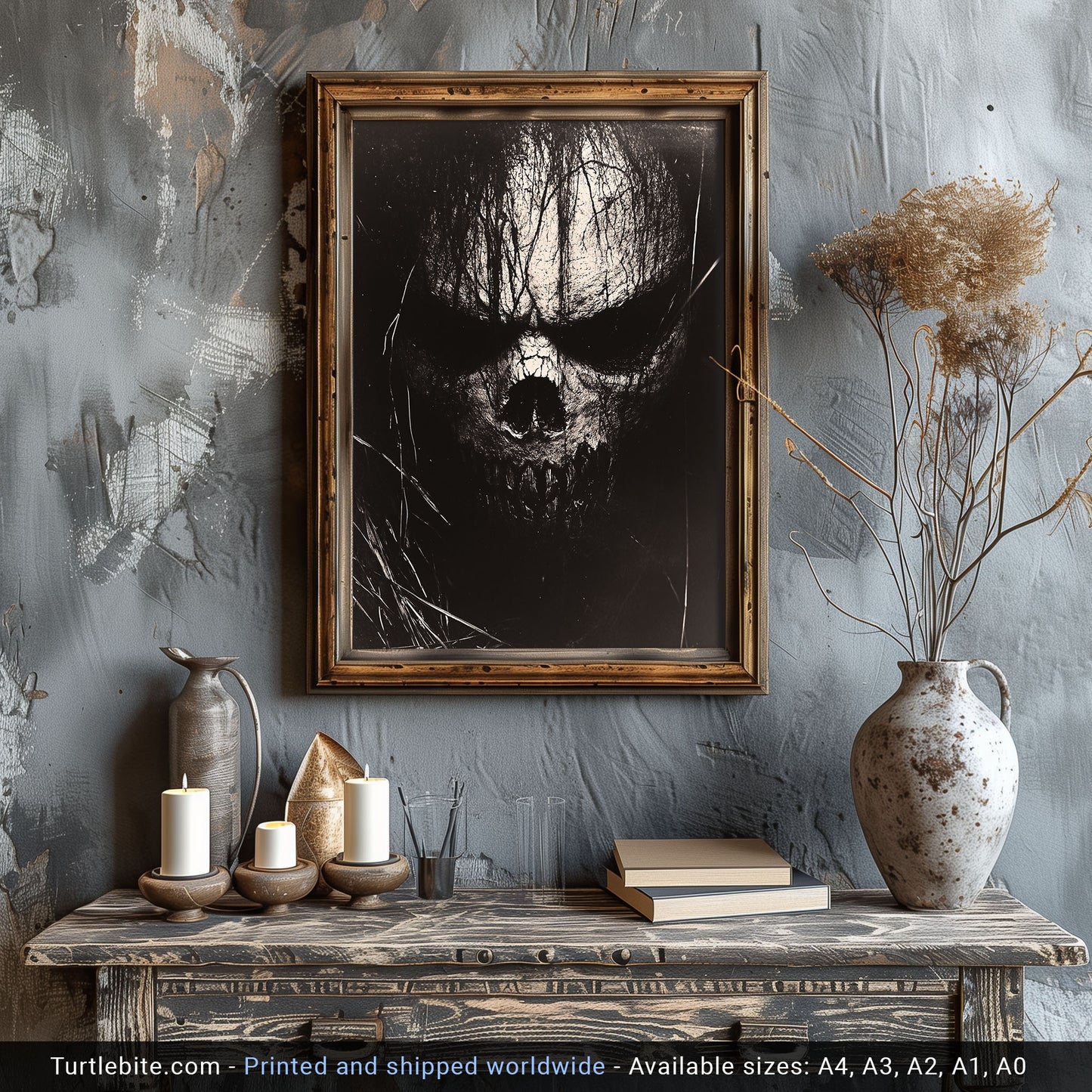 Horror Skull Face Poster, Black and White Dark Fine Art, Bizarre Scary Print