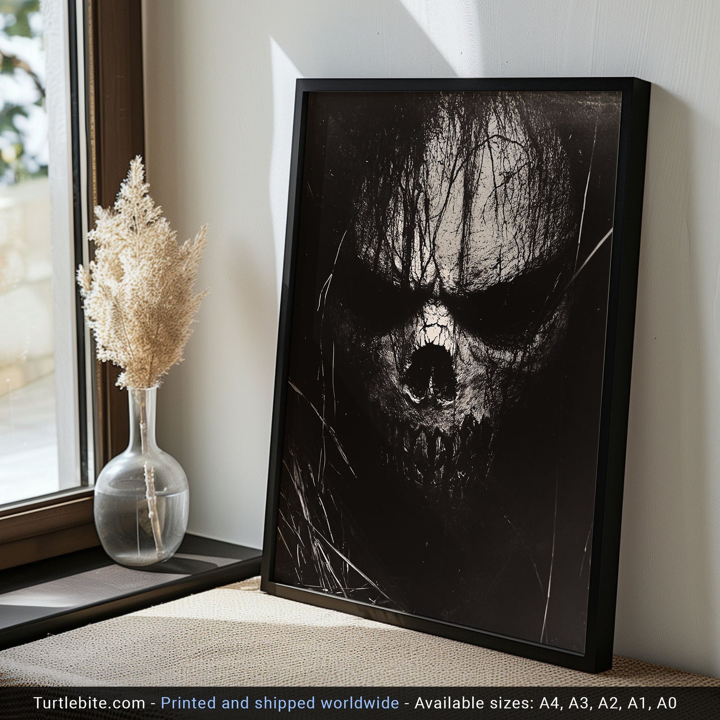 Horror Skull Face Poster, Black and White Dark Fine Art, Bizarre Scary Print