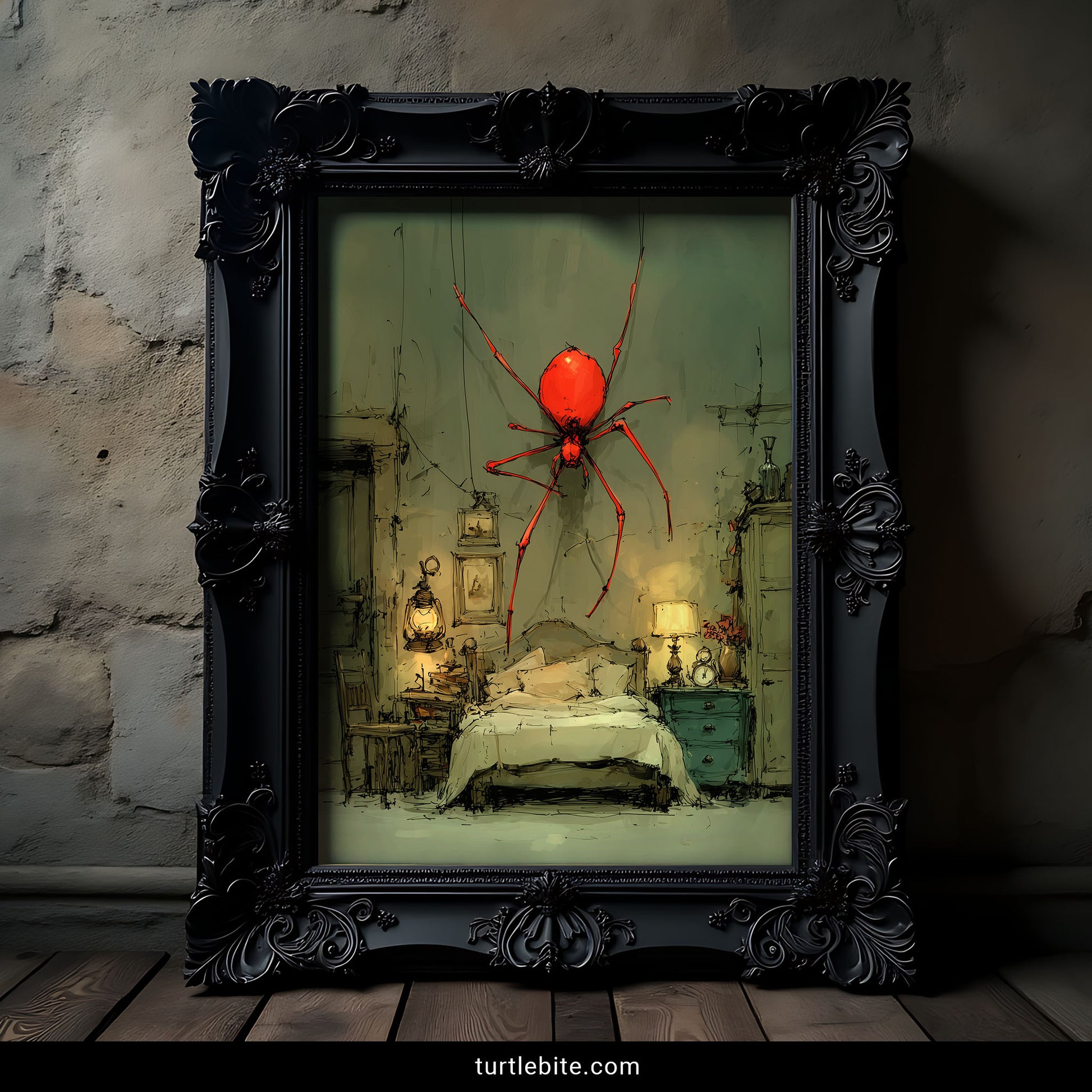 Bizarre nightmare art print with enormous red arachnid looming over bed in muted green and warm tones