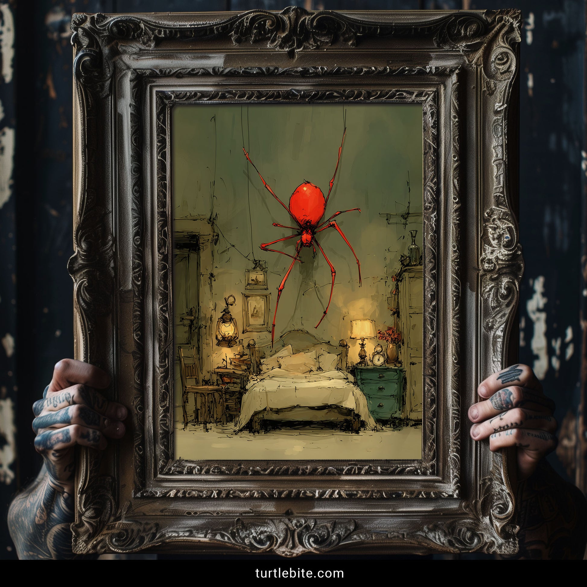 Unusual gothic artwork showing creepy red spider creature hanging from ceiling in atmospheric bedroom scene