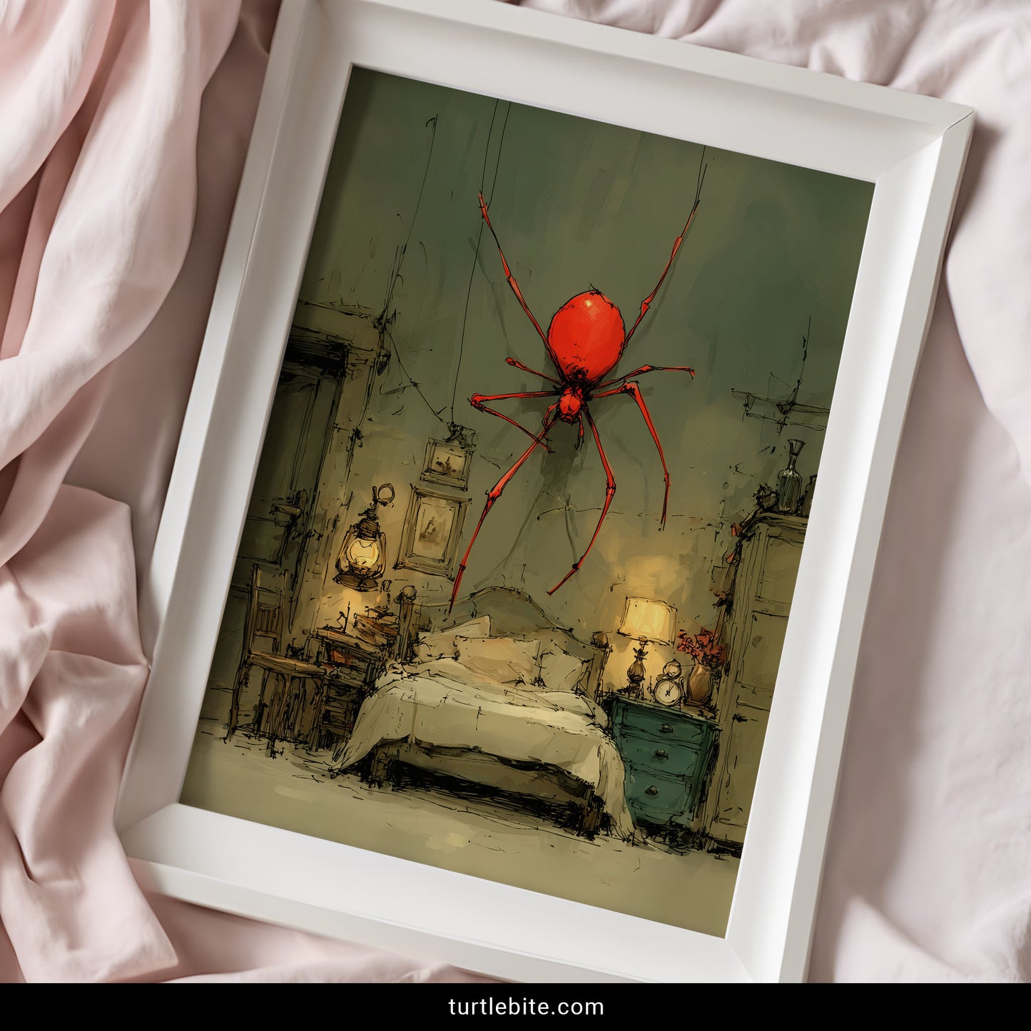 Horror poster featuring oversized red spider suspended in cozy bedroom with gothic illustration style
