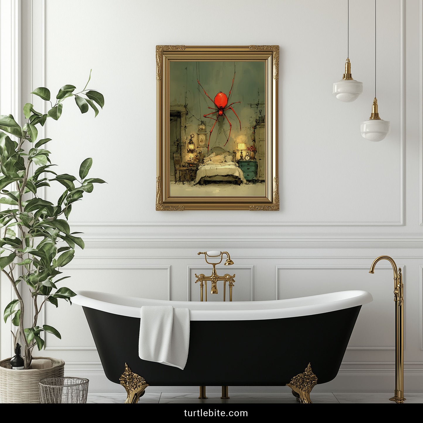 Bizarre nightmare art print with enormous red arachnid looming over bed in muted green and warm tones