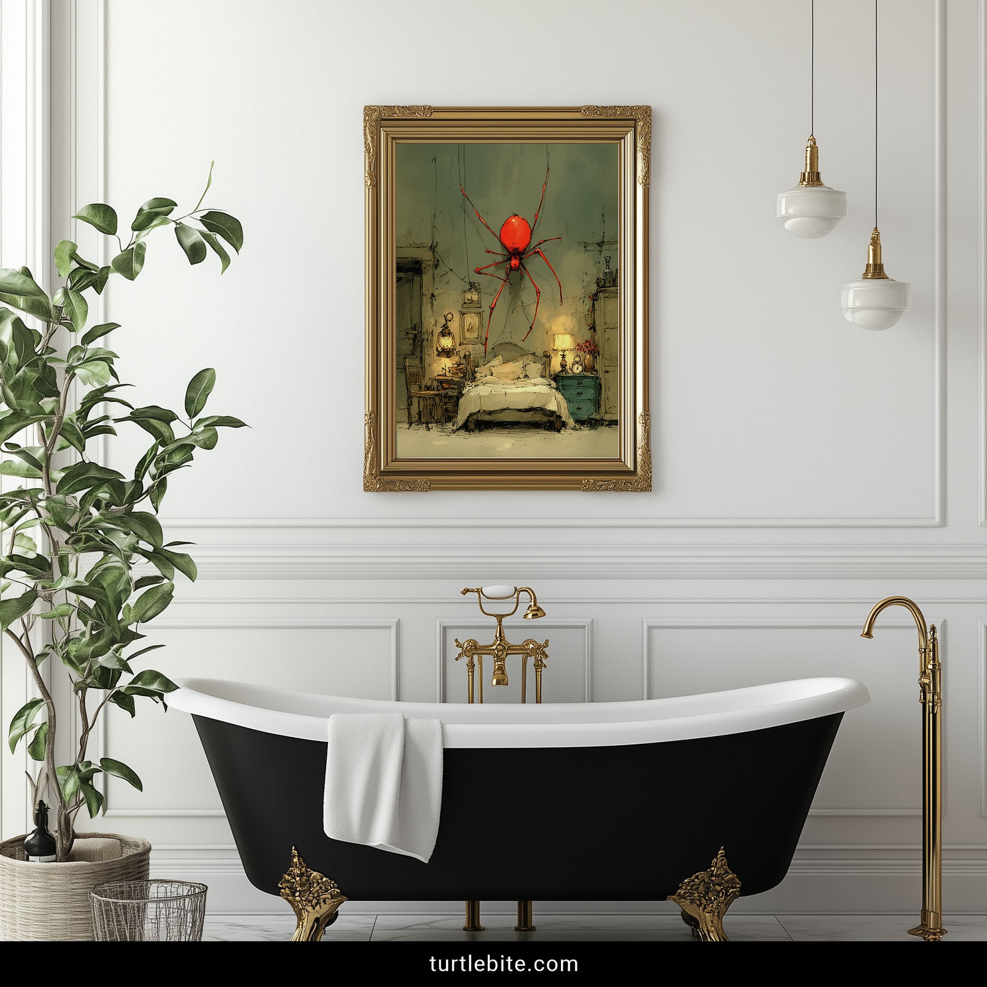 Bizarre nightmare art print with enormous red arachnid looming over bed in muted green and warm tones