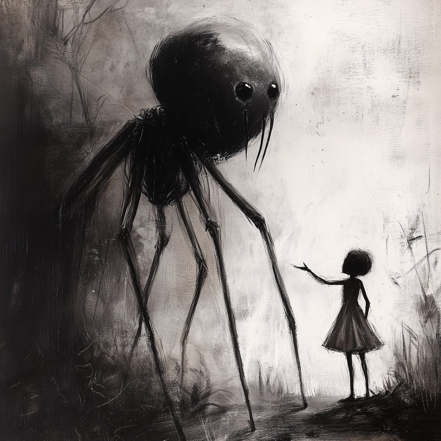 Little Girl Helping Baby Spider Monster - Dark Fine Art Drawing - Creepy Cute Poster Print - Macabre Wall Art