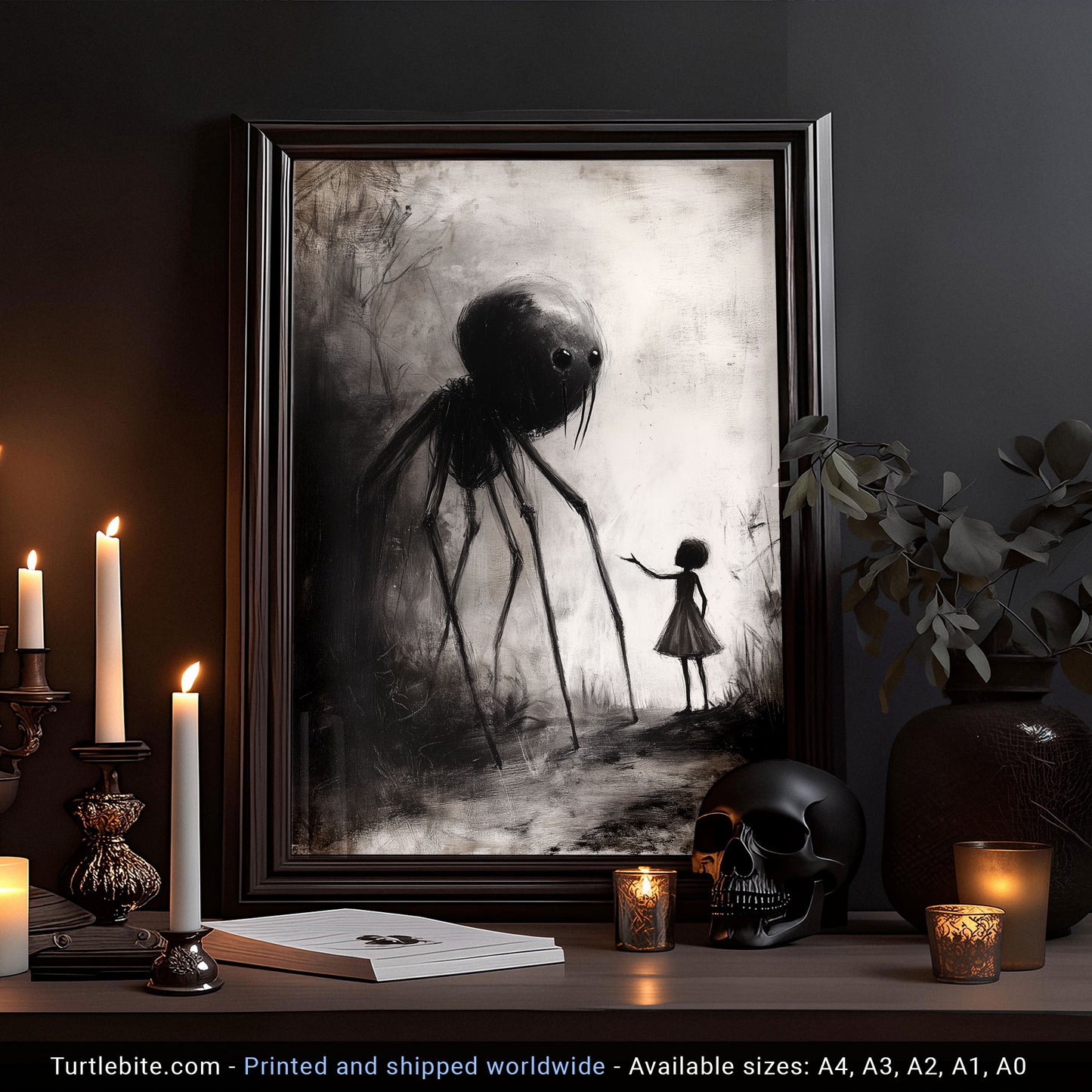 Little Girl Helping Baby Spider Monster - Dark Fine Art Drawing - Creepy Cute Poster Print - Macabre Wall Art