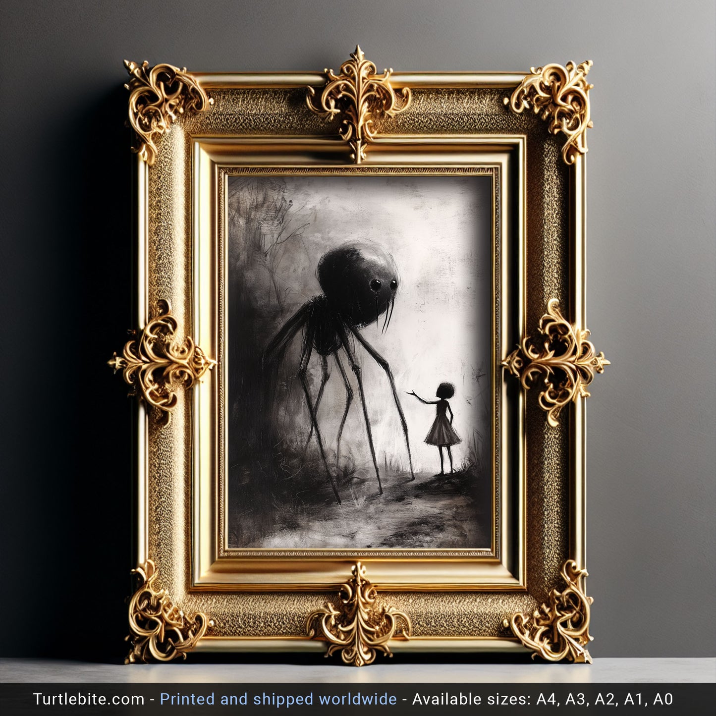 Little Girl Helping Baby Spider Monster - Dark Fine Art Drawing - Creepy Cute Poster Print - Macabre Wall Art