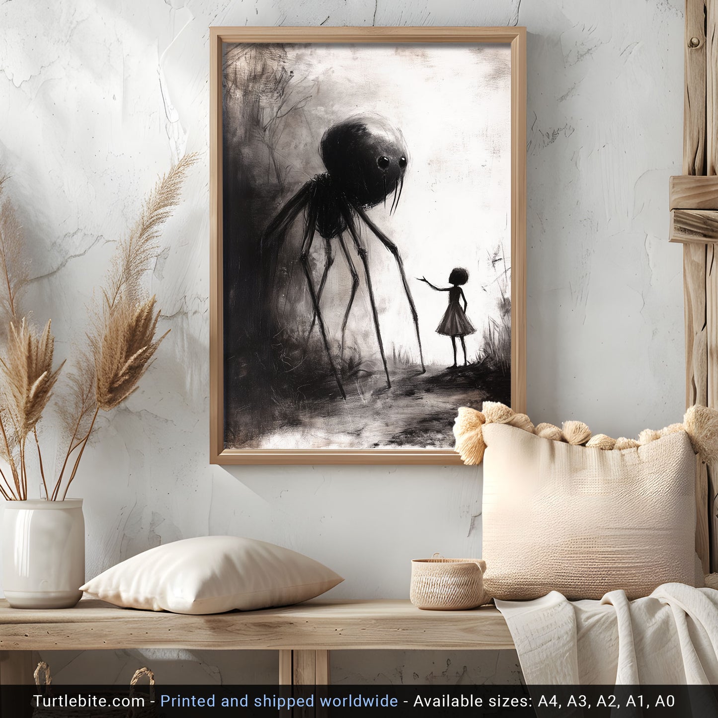 Little Girl Helping Baby Spider Monster - Dark Fine Art Drawing - Creepy Cute Poster Print - Macabre Wall Art