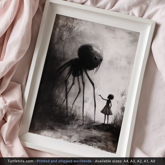 Little Girl Helping Baby Spider Monster - Dark Fine Art Drawing - Creepy Cute Poster Print - Macabre Wall Art