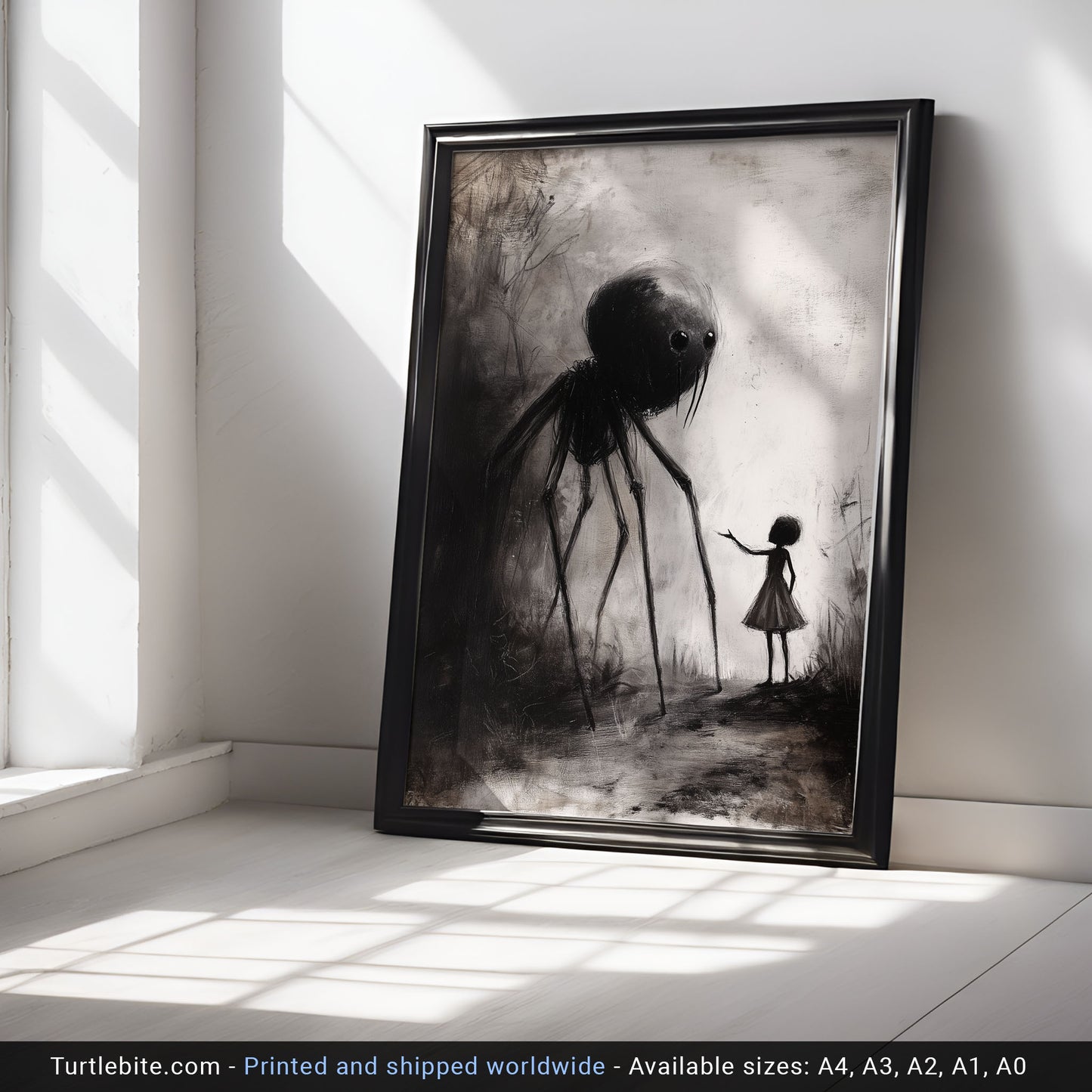 Little Girl Helping Baby Spider Monster - Dark Fine Art Drawing - Creepy Cute Poster Print - Macabre Wall Art