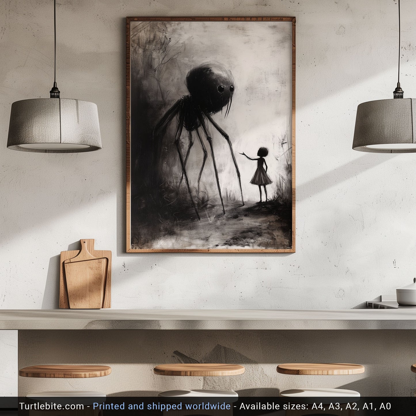 Little Girl Helping Baby Spider Monster - Dark Fine Art Drawing - Creepy Cute Poster Print - Macabre Wall Art