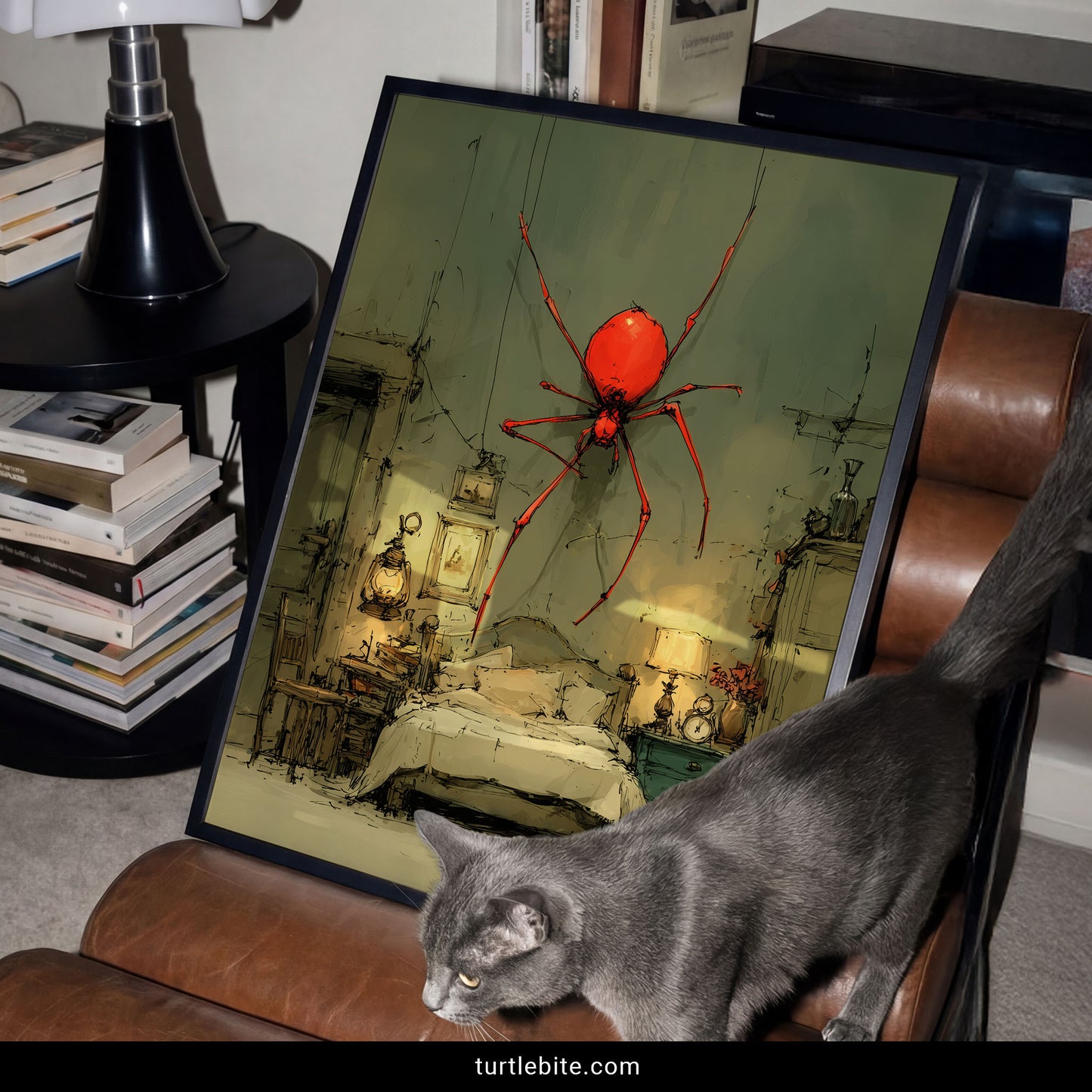 Strange wall art depicting massive red spider in sketchy painterly style above vintage bedroom furniture