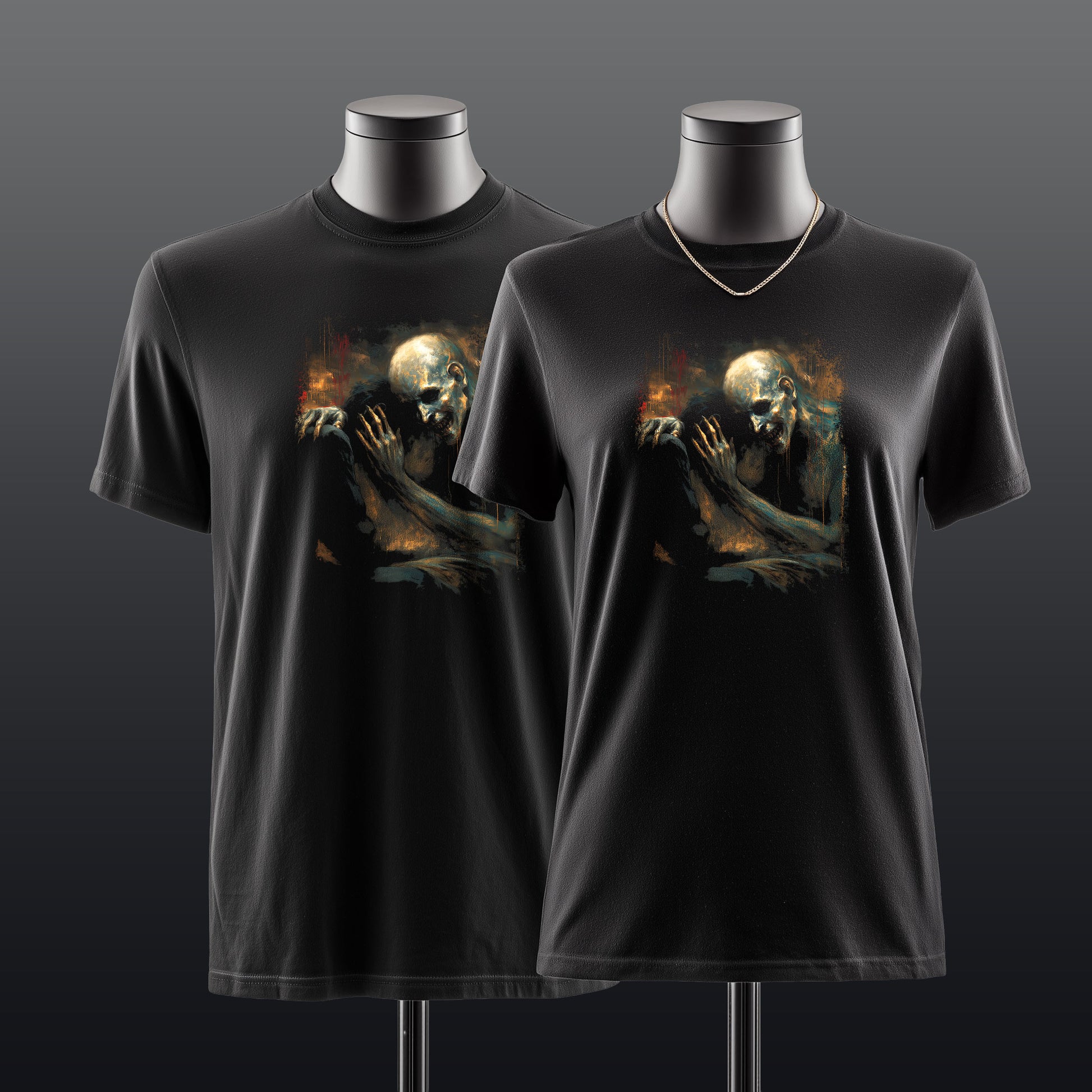 Dark gothic apparel showing disturbing yet beautiful skull and figure in emotional embrace