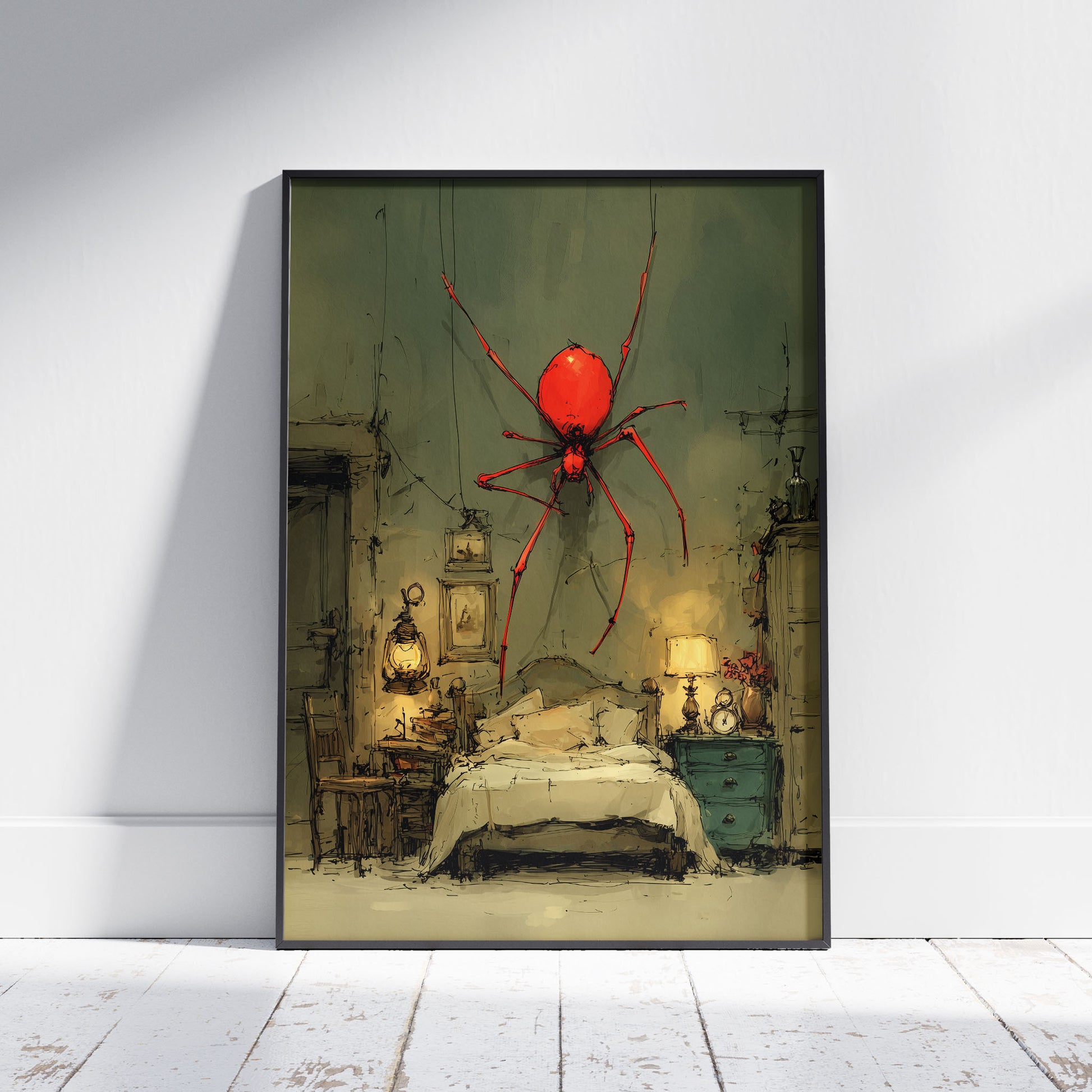 Surreal art print showing giant red spider hanging above vintage bedroom with oil lamp and stacked books
