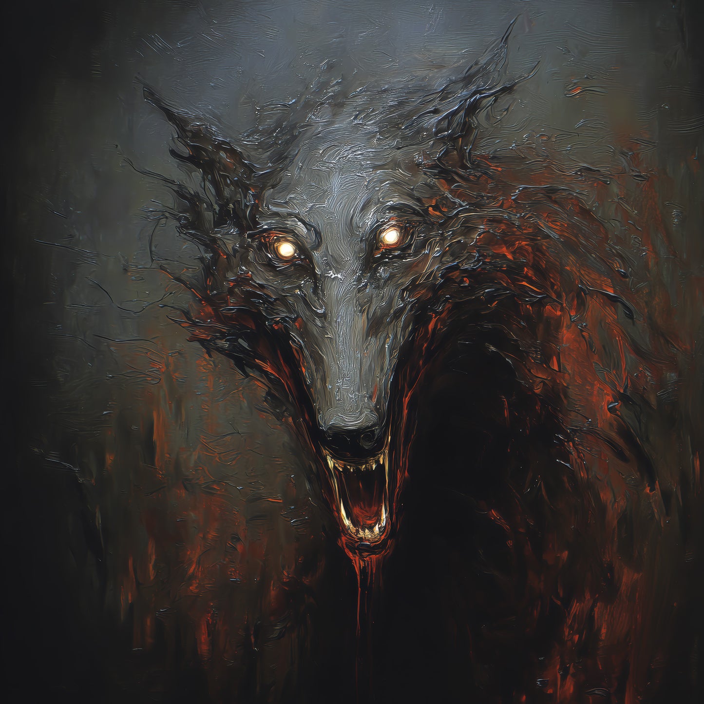 Dark fantasy wolf art with glowing amber eyes and dripping fangs in gothic horror style